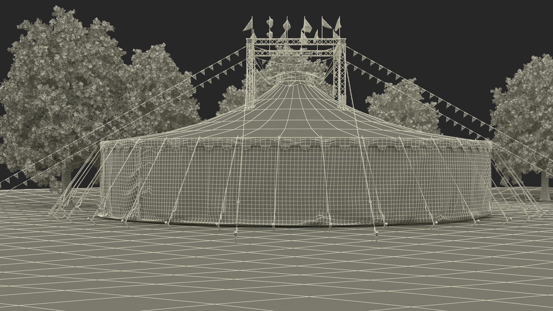 Circus Tent with Flags and Trees in Park with Fur 3D model