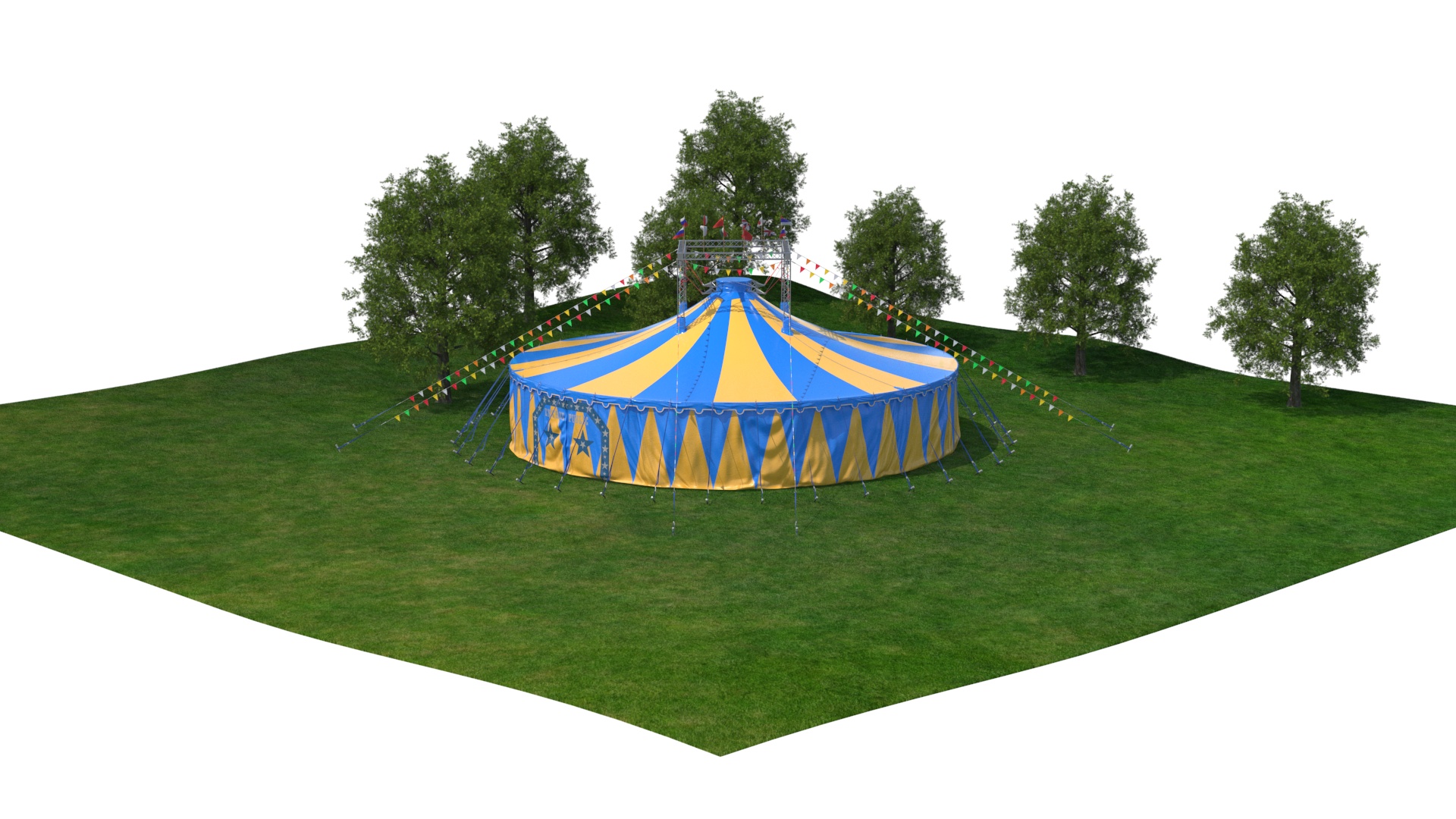 Circus Tent with Flags and Trees in Park with Fur 3D model