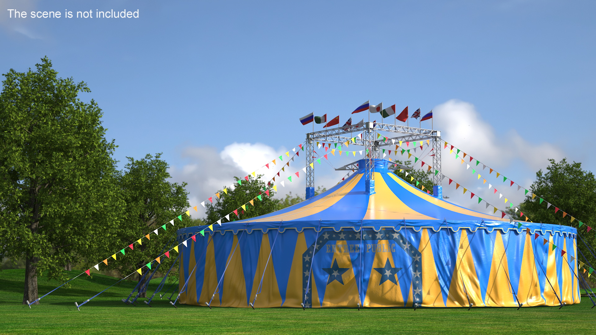 Circus Tent with Flags and Trees in Park with Fur 3D model