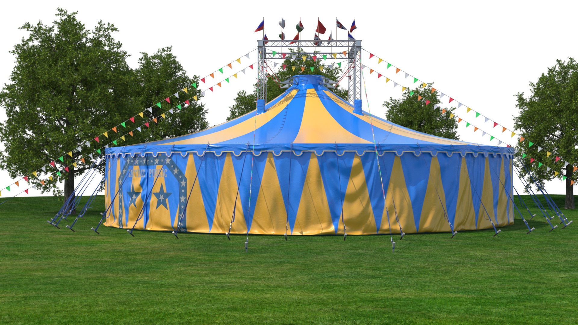 Circus Tent with Flags and Trees in Park with Fur 3D model