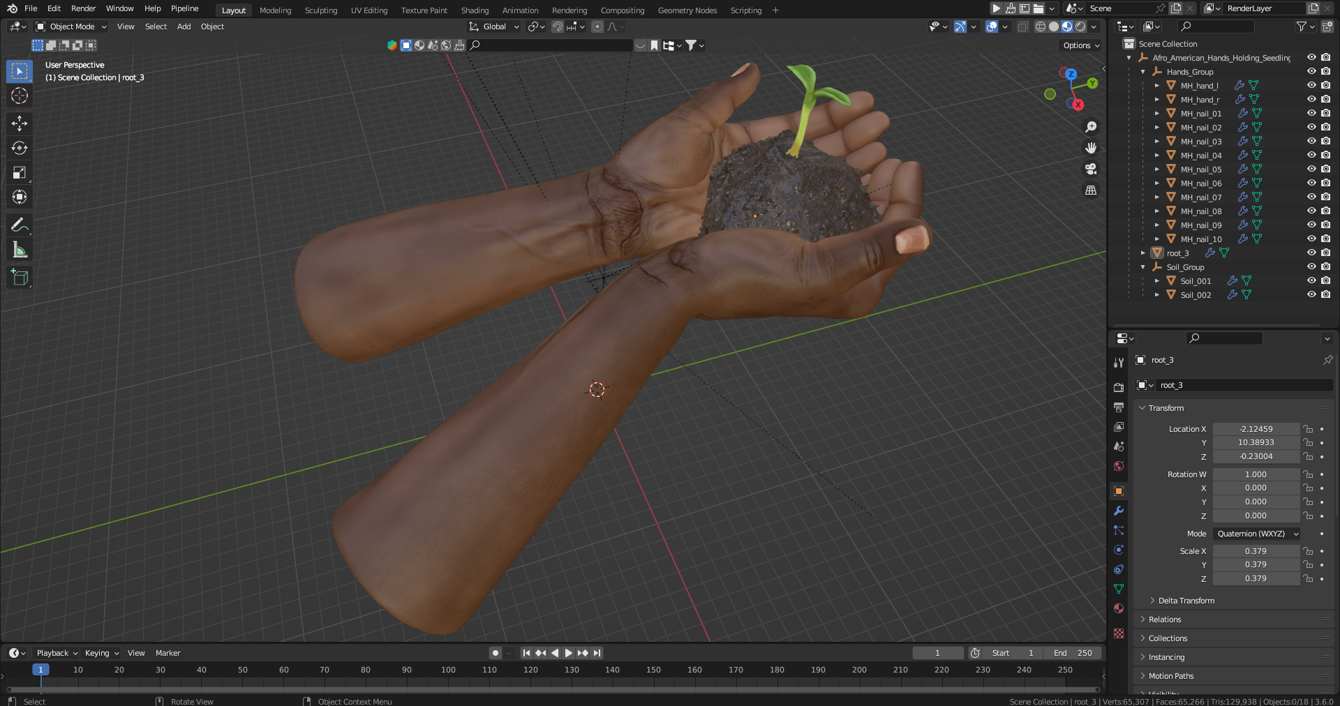 3D Afro American Hands Holding Seedling