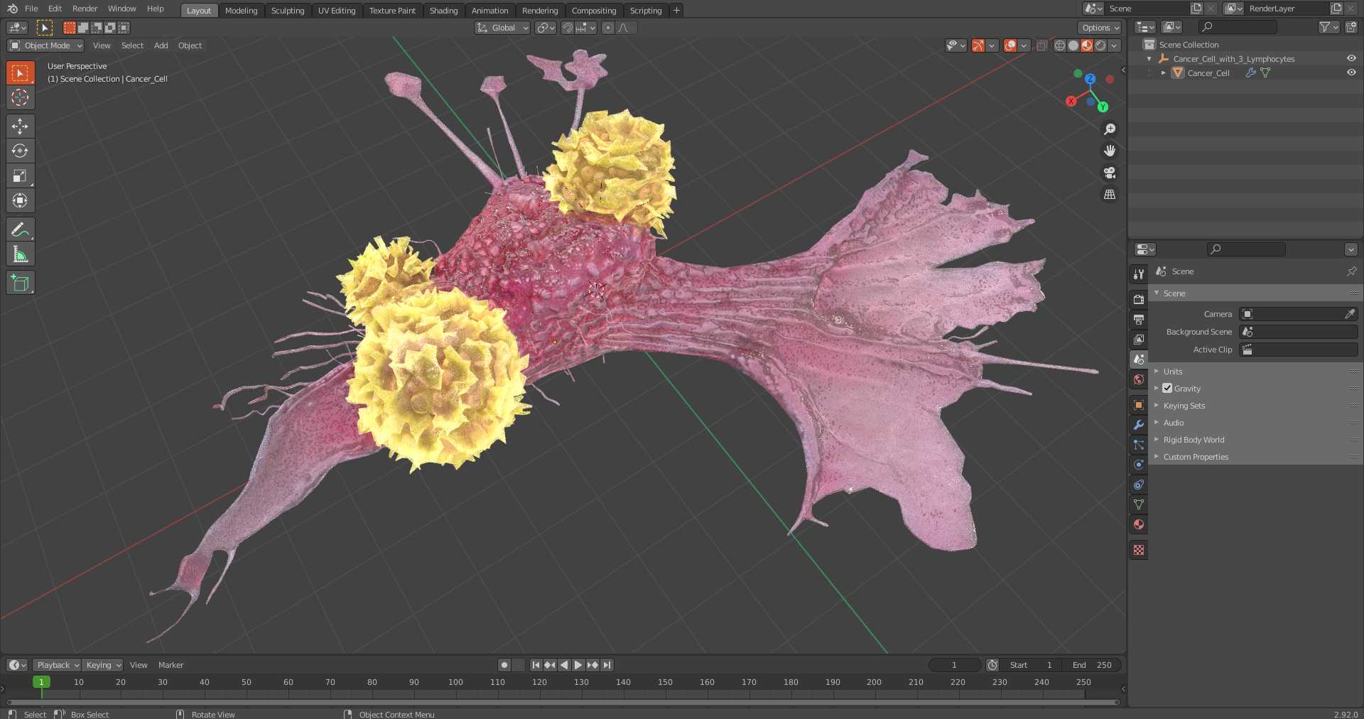 3D model Cancer Cell with 3 Lymphocytes