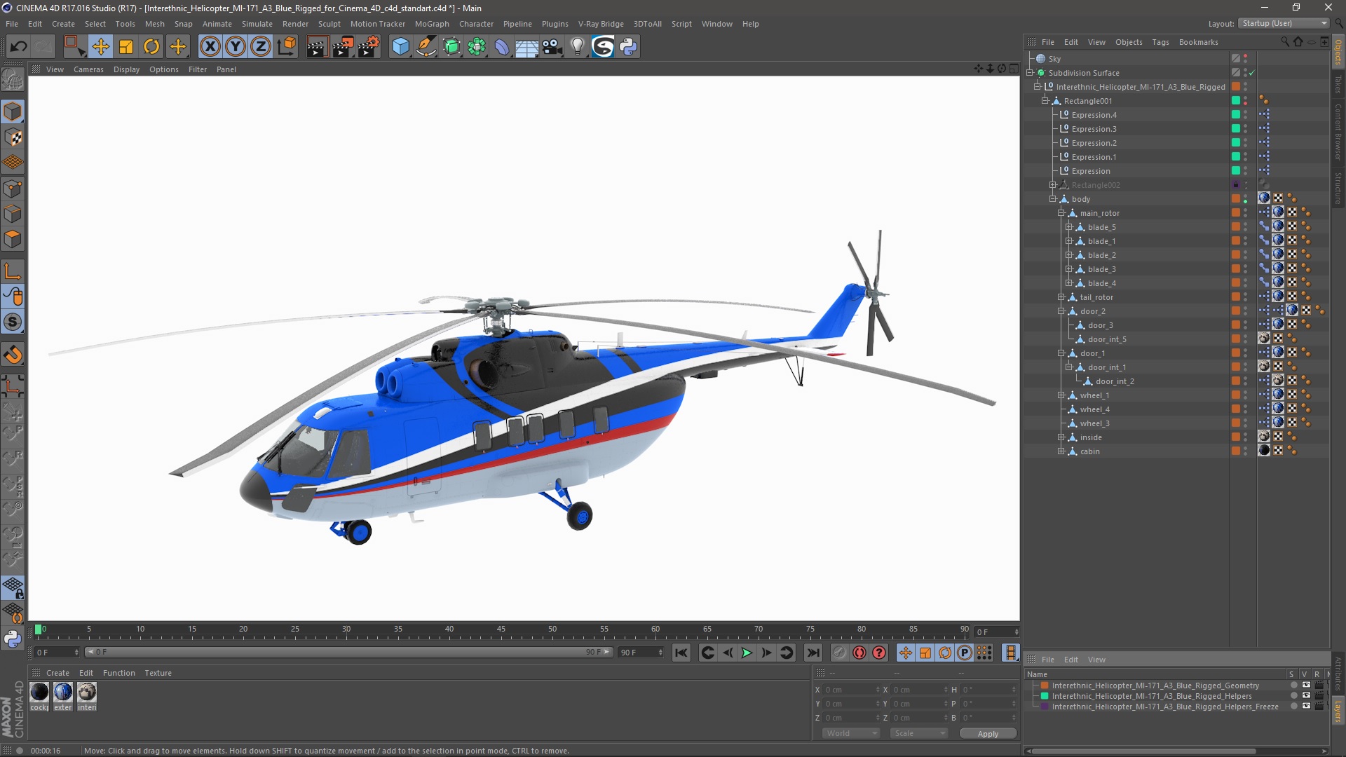 3D Interethnic Helicopter MI-171 A3 Blue Rigged for Cinema 4D model