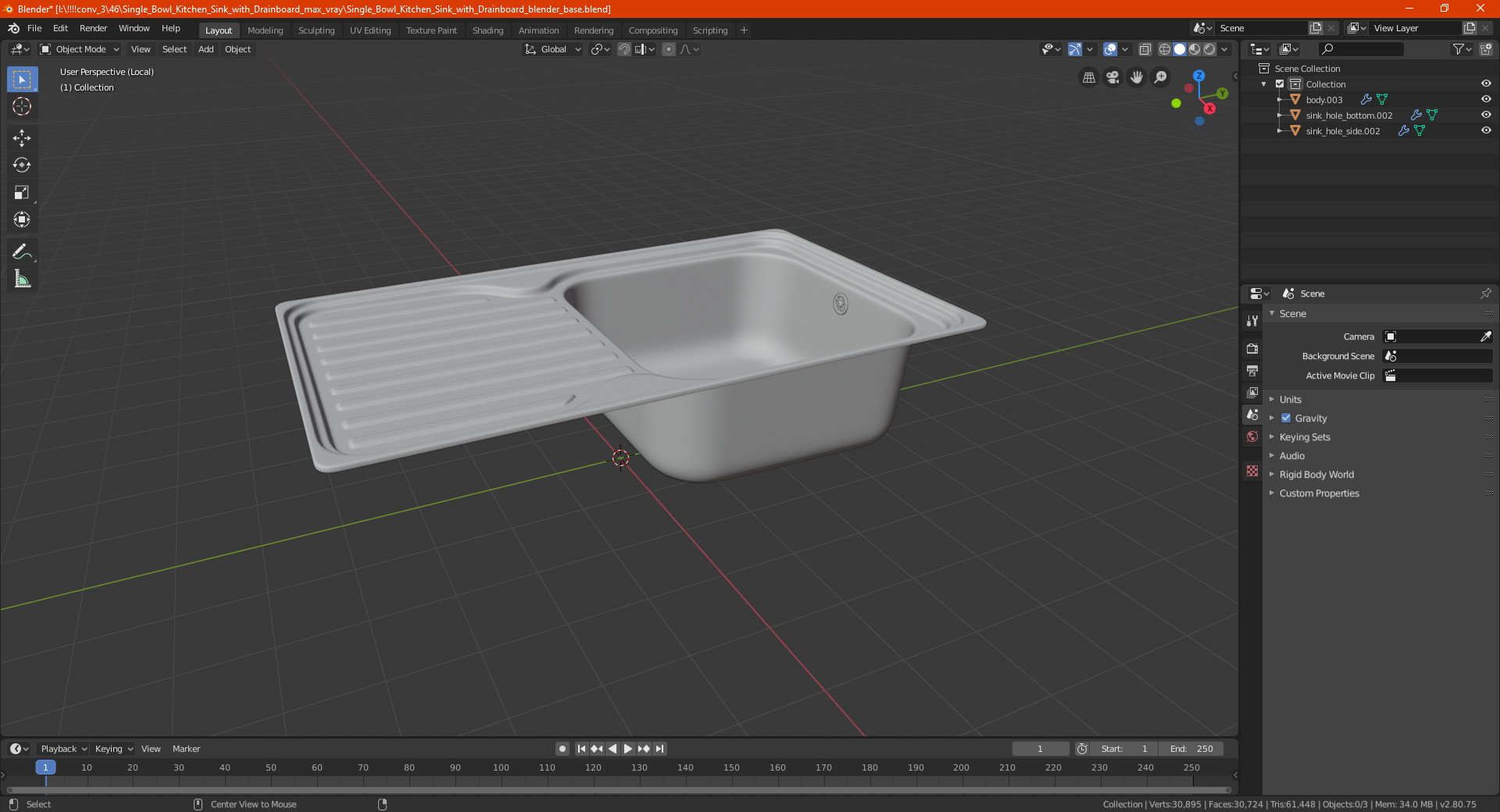 3D model Single Bowl Kitchen Sink with Drainboard