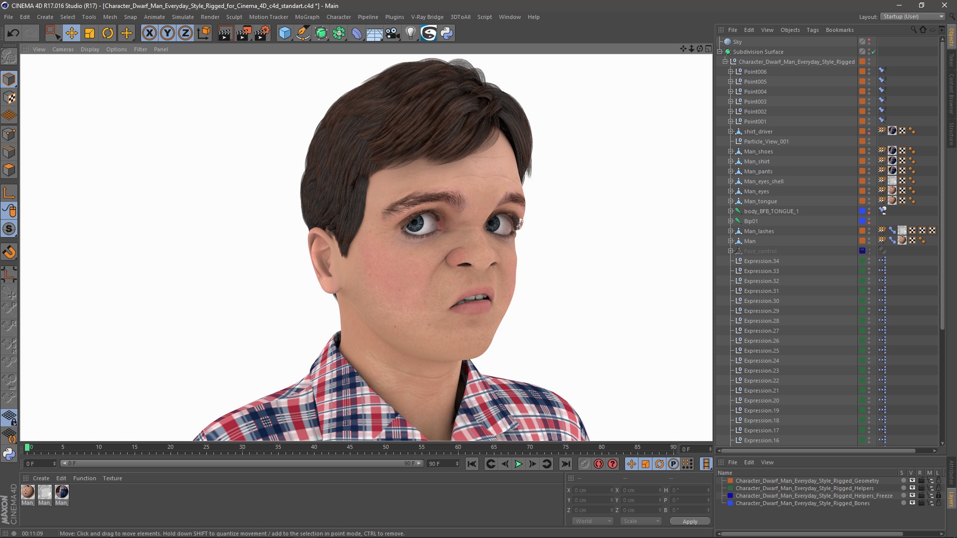 3D model Character Dwarf Man Everyday Style Rigged for Cinema 4D