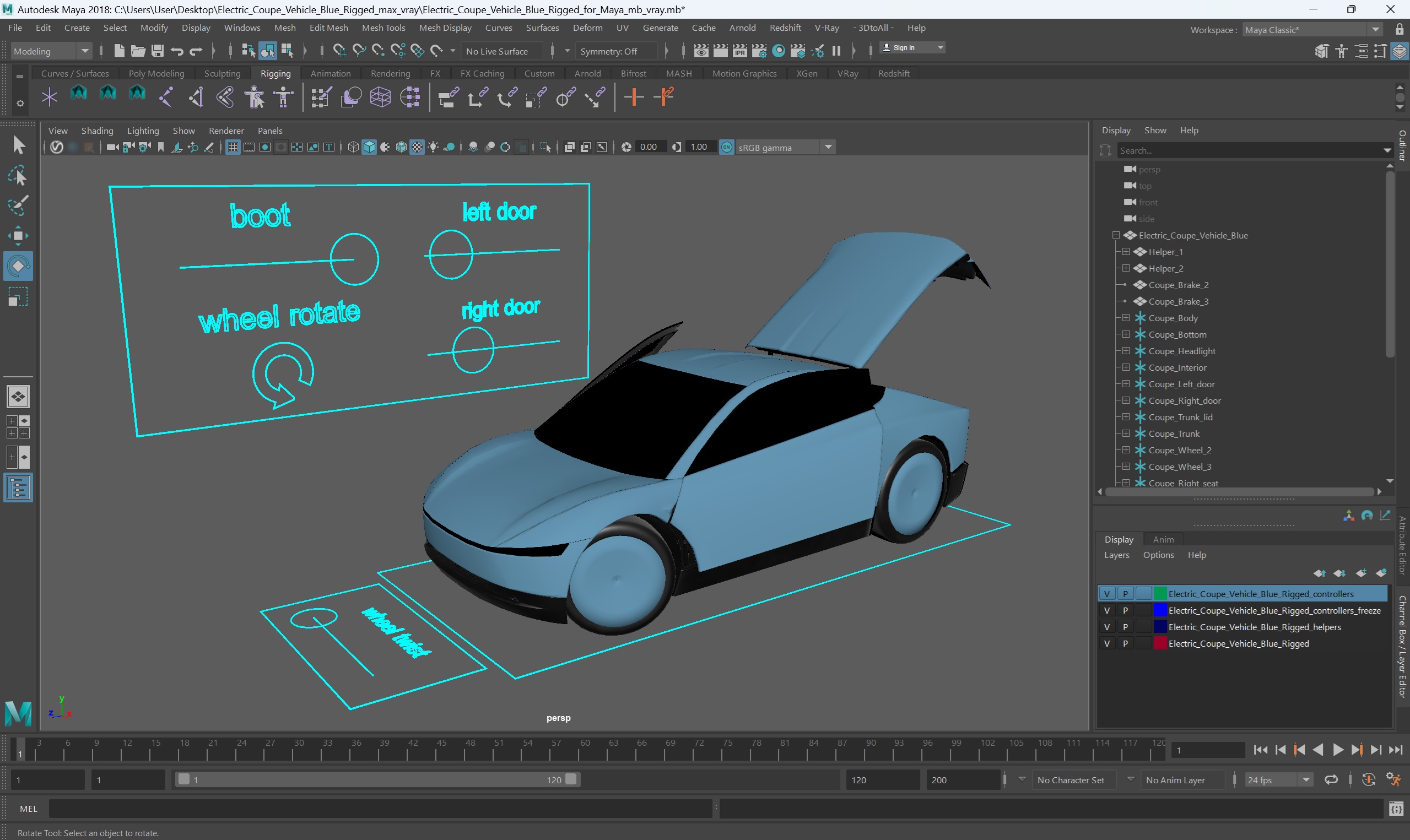 3D Electric Coupe Vehicle Blue Rigged for Maya model