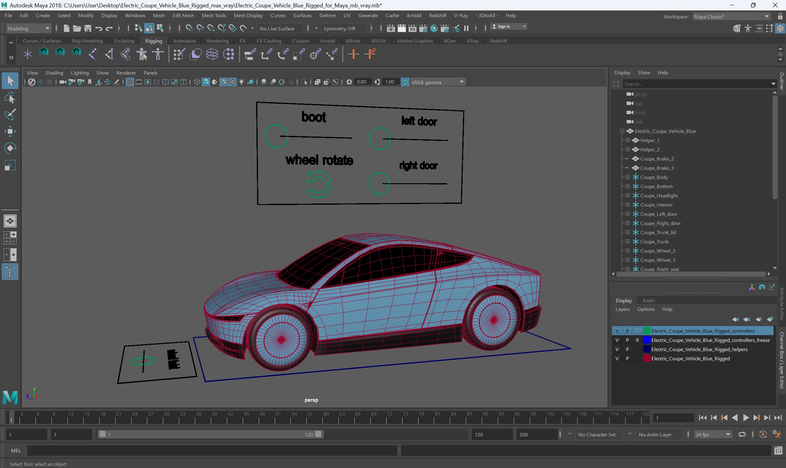 3D Electric Coupe Vehicle Blue Rigged for Maya model