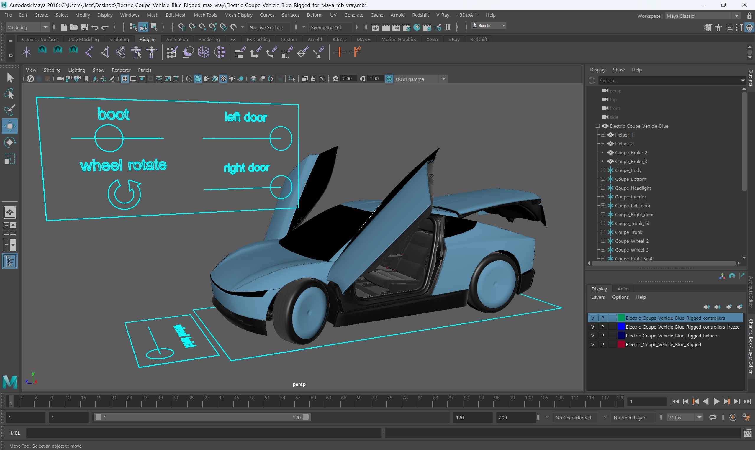 3D Electric Coupe Vehicle Blue Rigged for Maya model