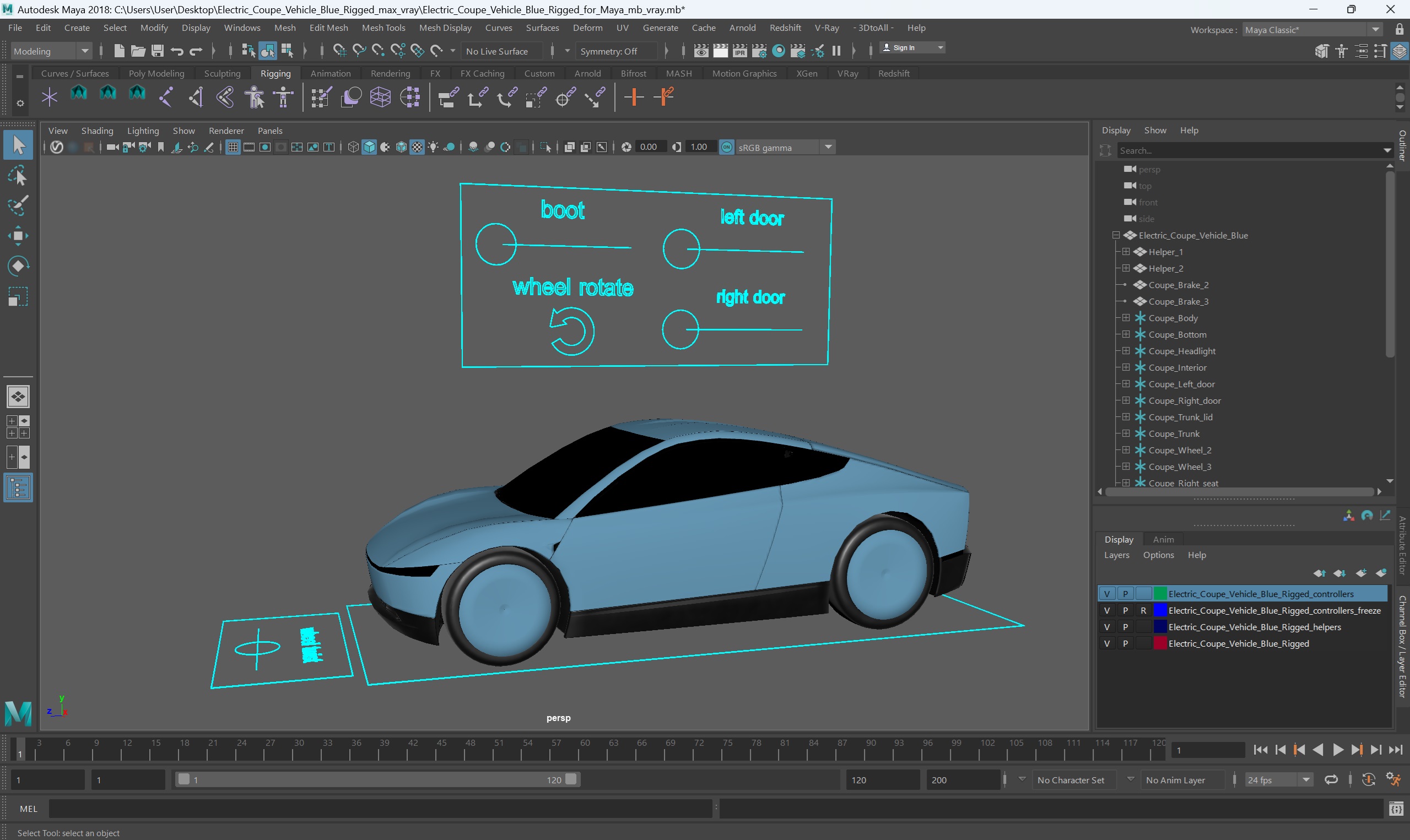 3D Electric Coupe Vehicle Blue Rigged for Maya model