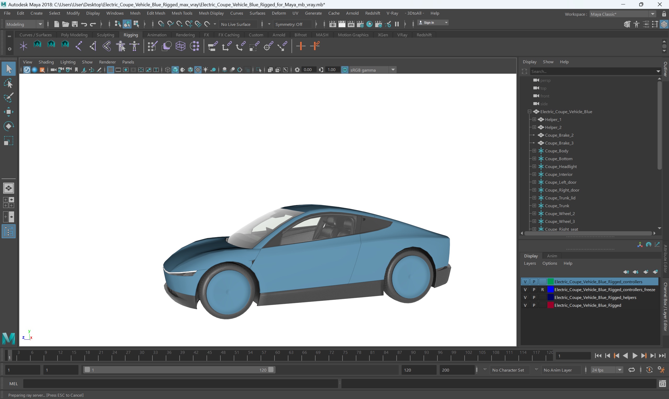 3D Electric Coupe Vehicle Blue Rigged for Maya model