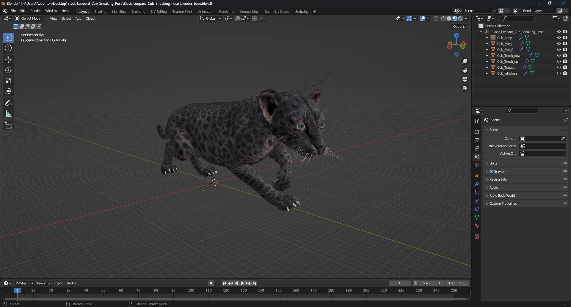 3D Black Leopard Cub Sneaking Pose