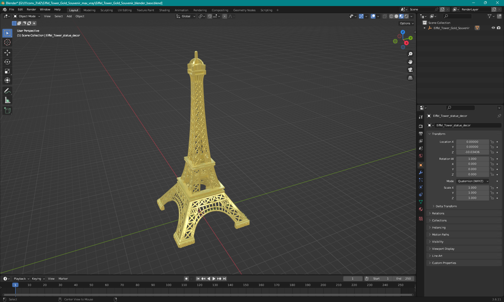 3D Eiffel Tower Gold Souvenir