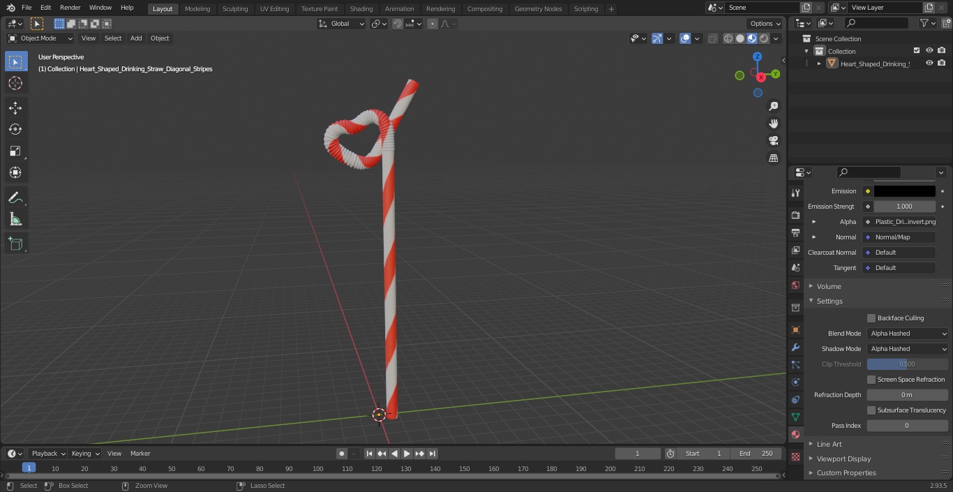 Heart Shaped Drinking Straw Diagonal Stripes 3D model