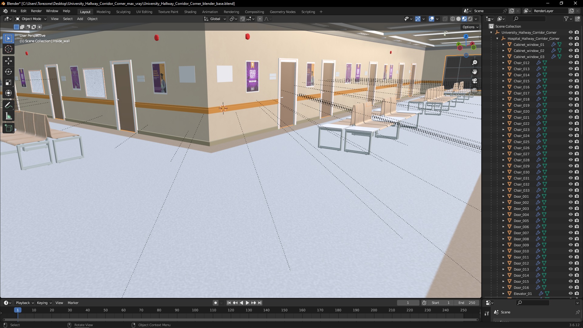 University Hallway Corridor Corner 3D model