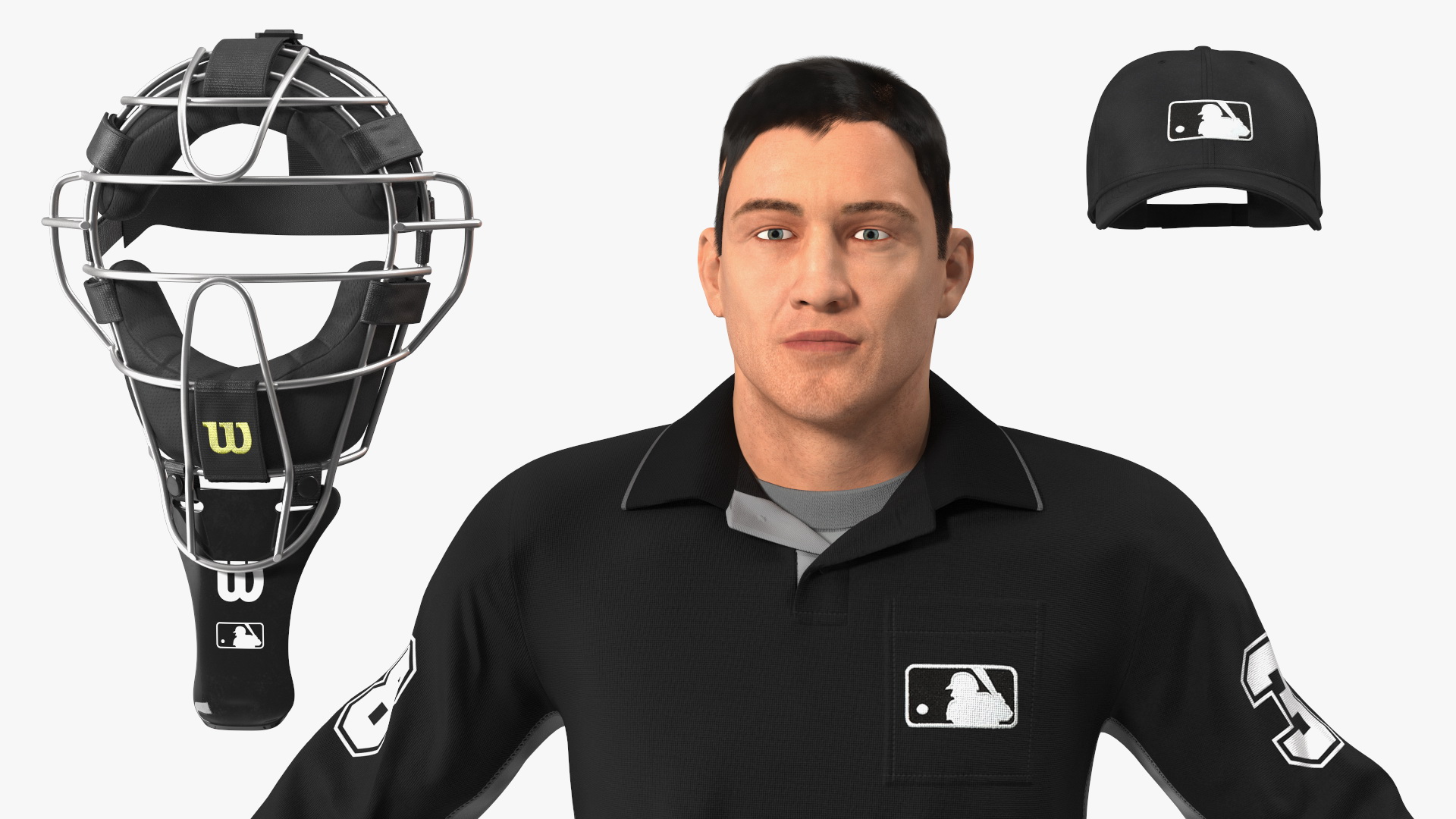 3D model Baseball Umpire with Protective Mask and Cap Fur Rigged