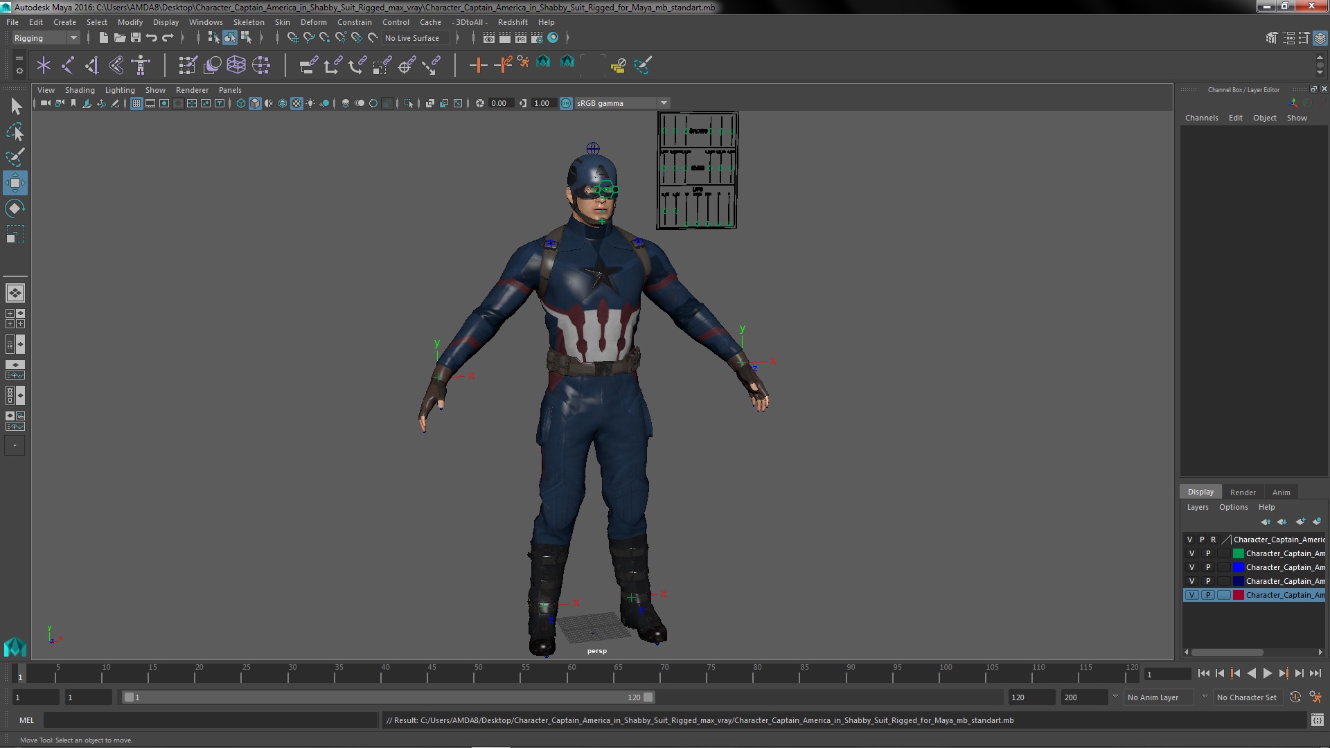 3D Character Captain America in Shabby Suit Rigged for Maya