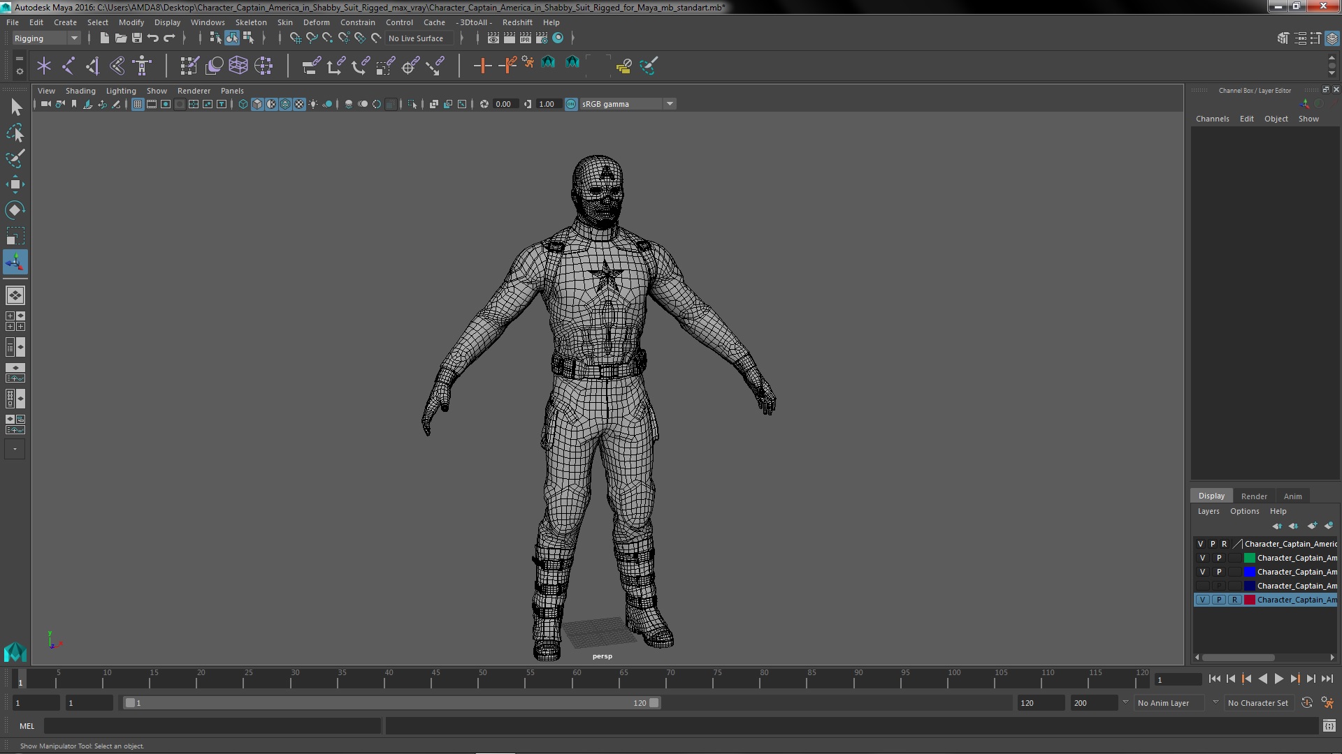 3D Character Captain America in Shabby Suit Rigged for Maya