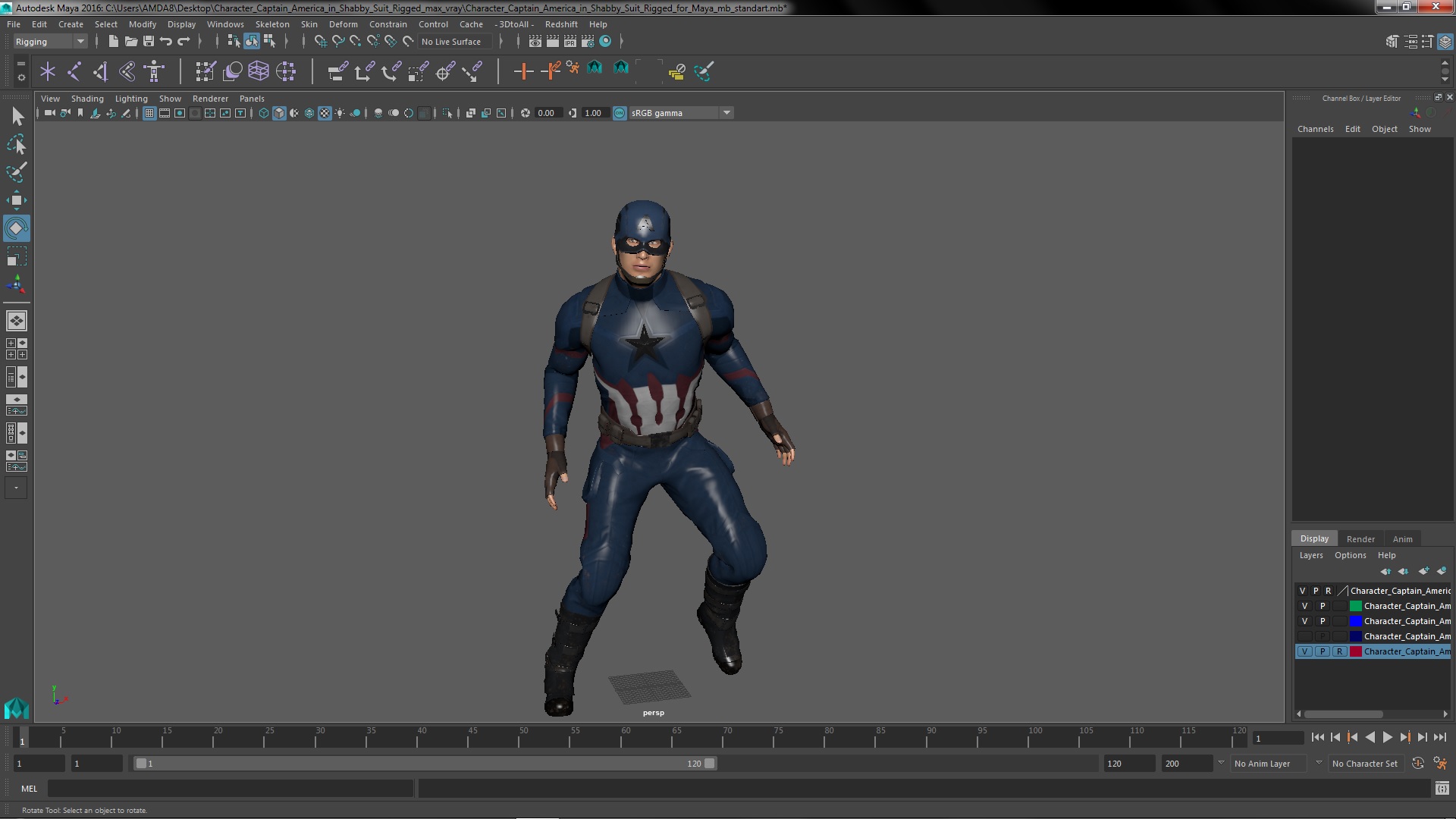 3D Character Captain America in Shabby Suit Rigged for Maya