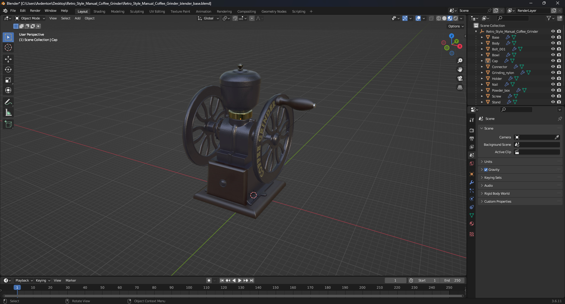 3D Retro Style Manual Coffee Grinder model