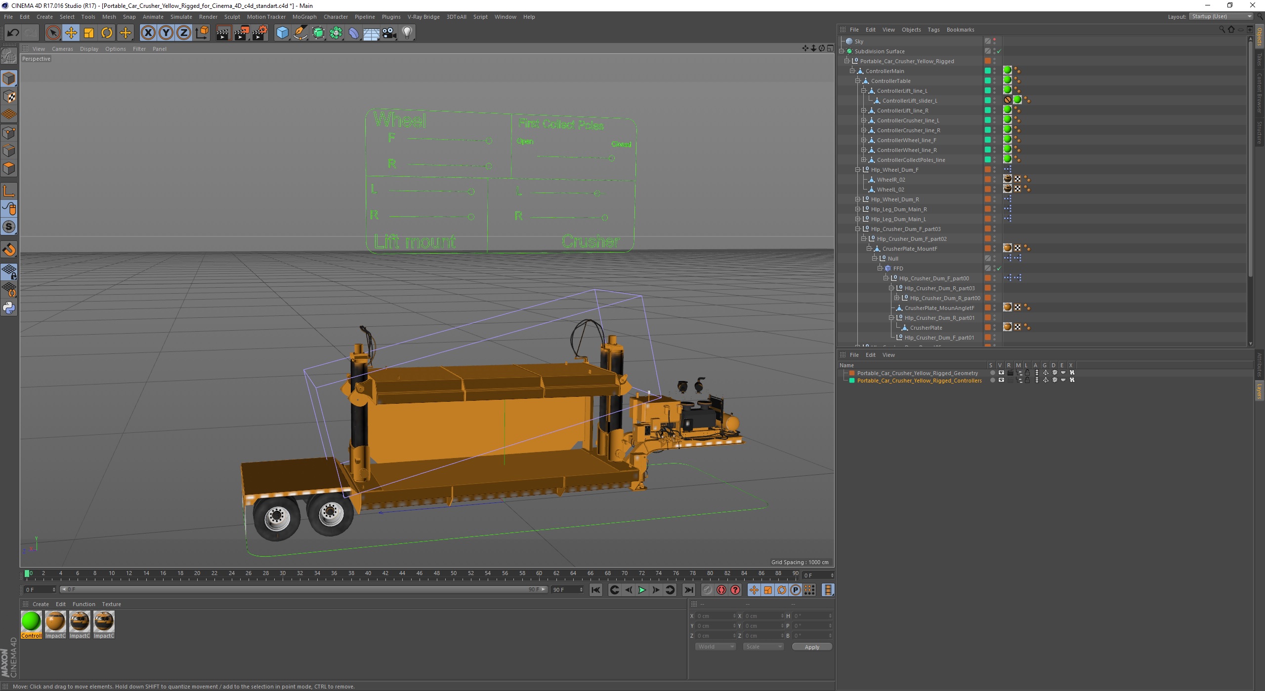 3D Portable Car Crusher Yellow Rigged for Cinema 4D model