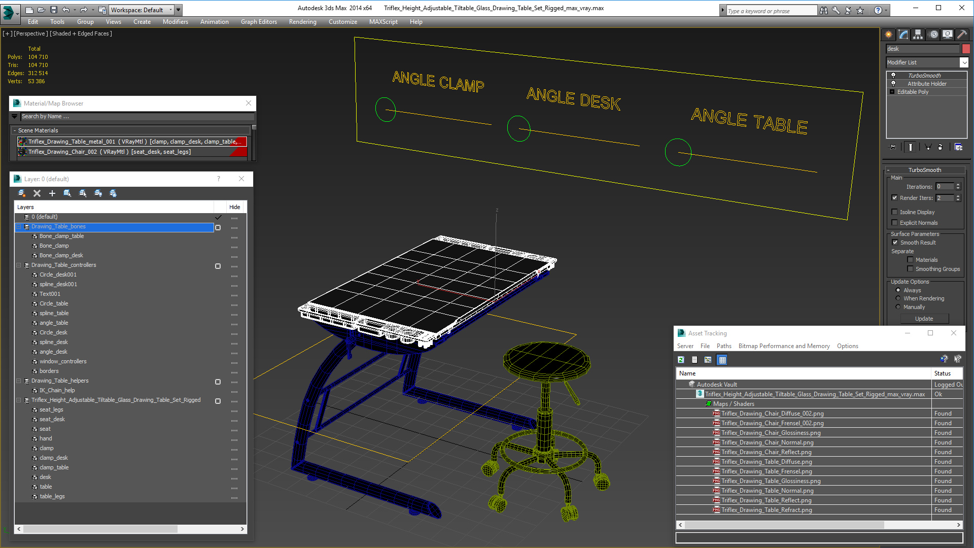 3D model Triflex Height Adjustable Tiltable Glass Drawing Table Set Rigged