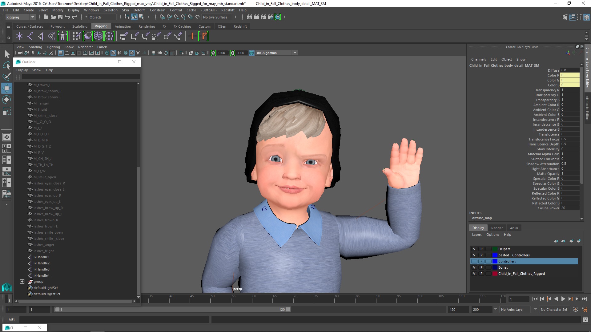 Child in Fall Clothes Rigged for Maya 3D