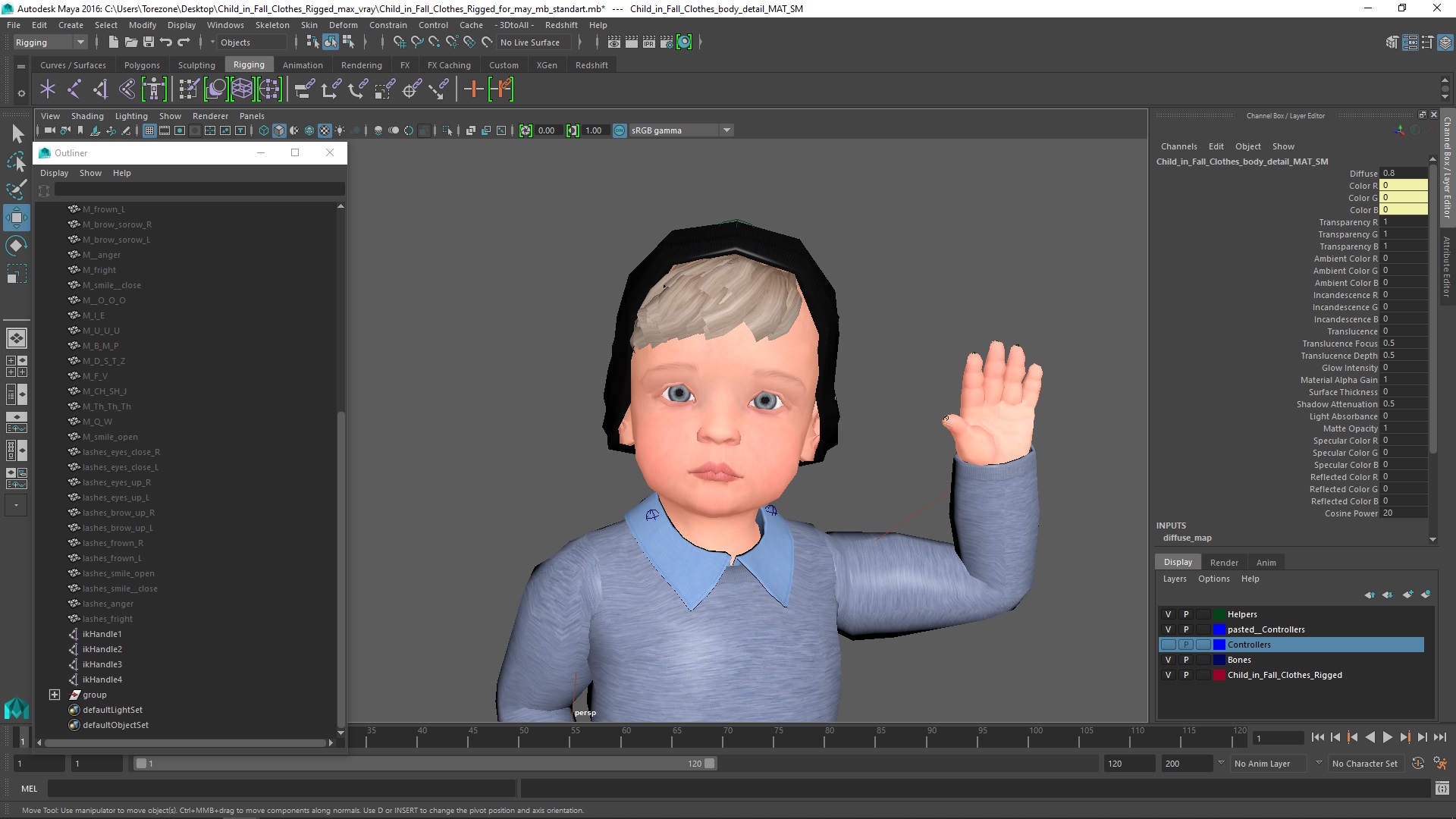 Child in Fall Clothes Rigged for Maya 3D