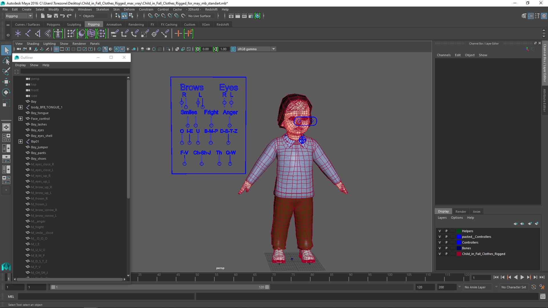 Child in Fall Clothes Rigged for Maya 3D