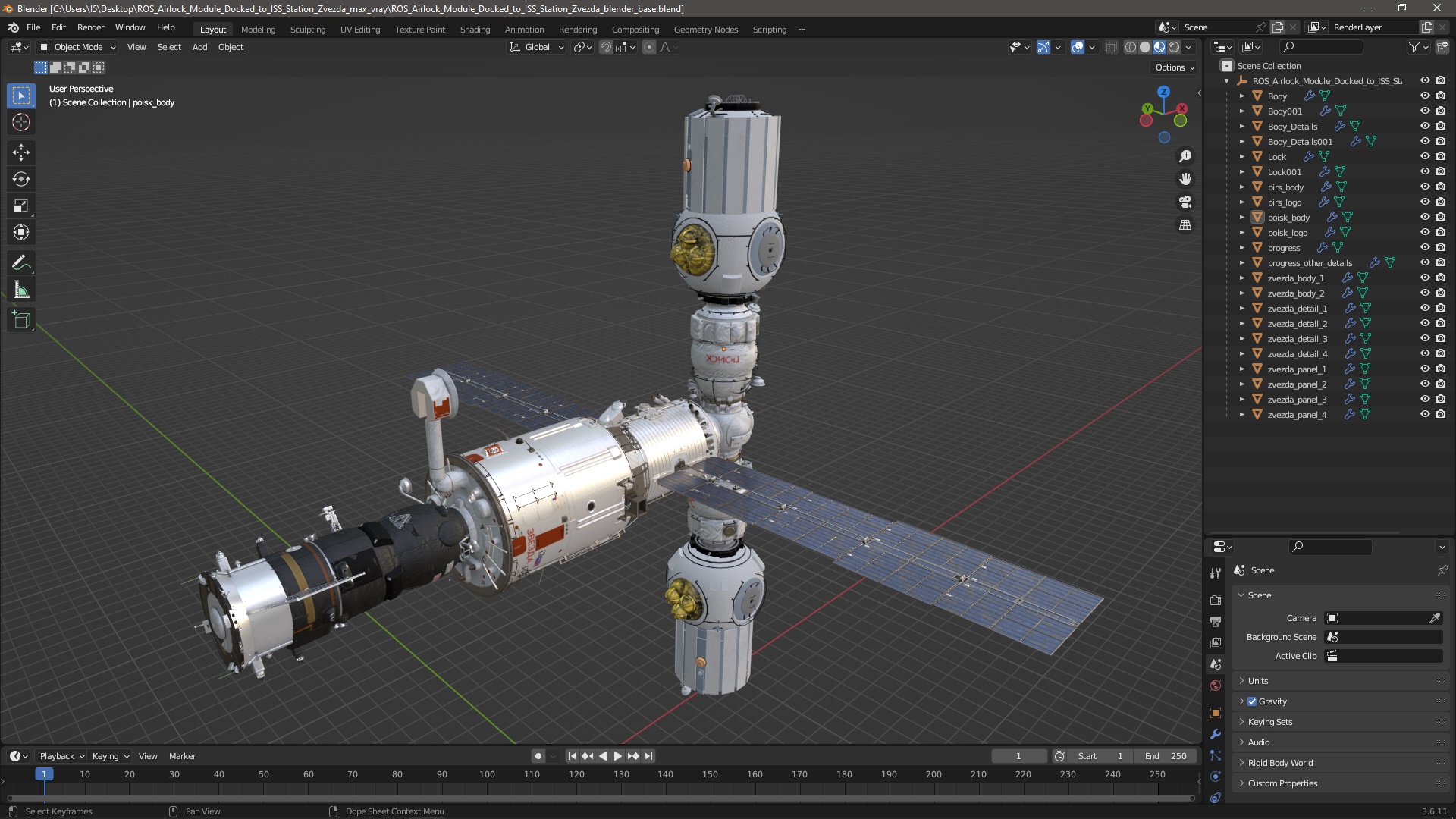 ROS Airlock Module Docked to ISS Station Zvezda 3D