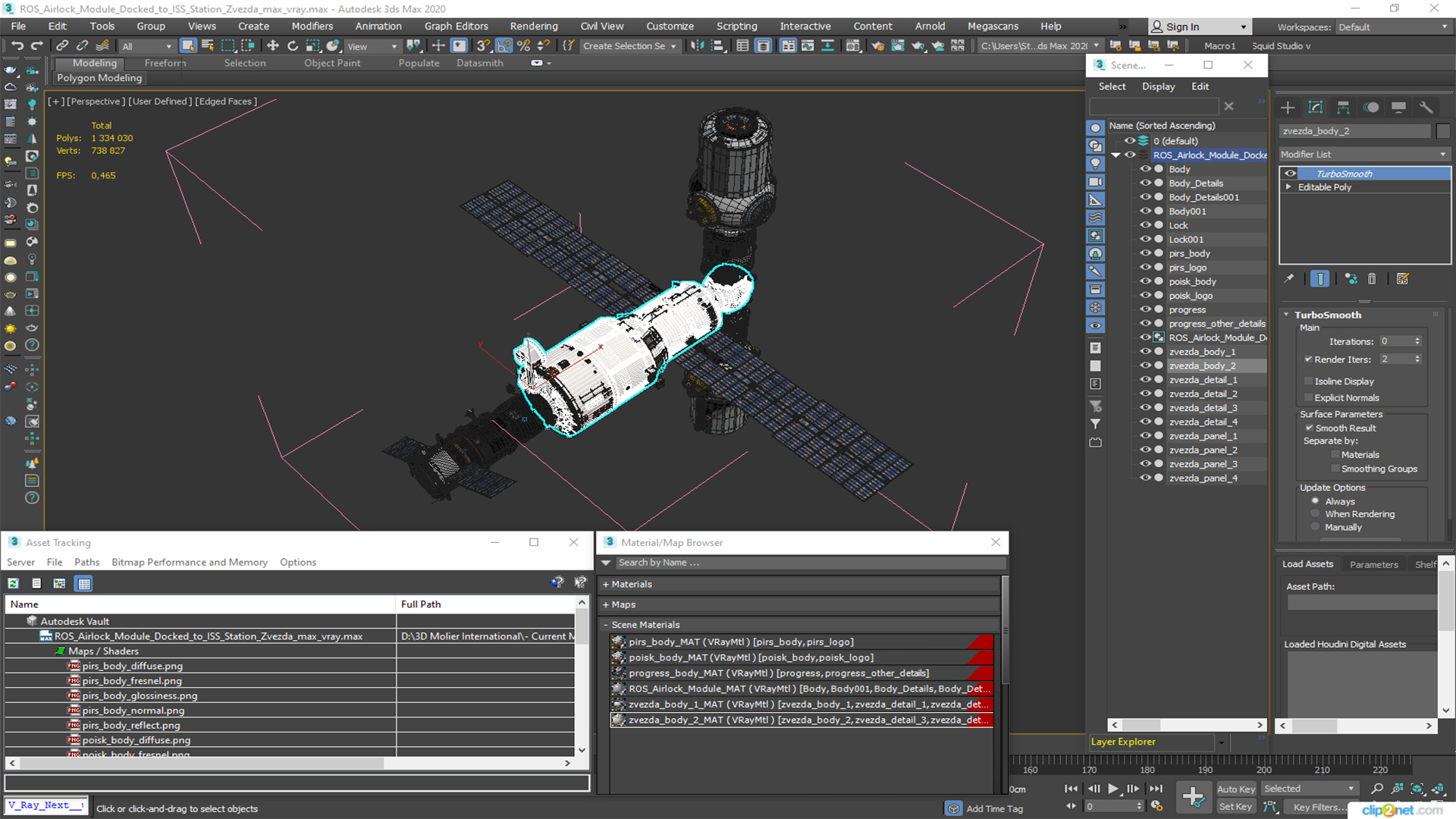 ROS Airlock Module Docked to ISS Station Zvezda 3D