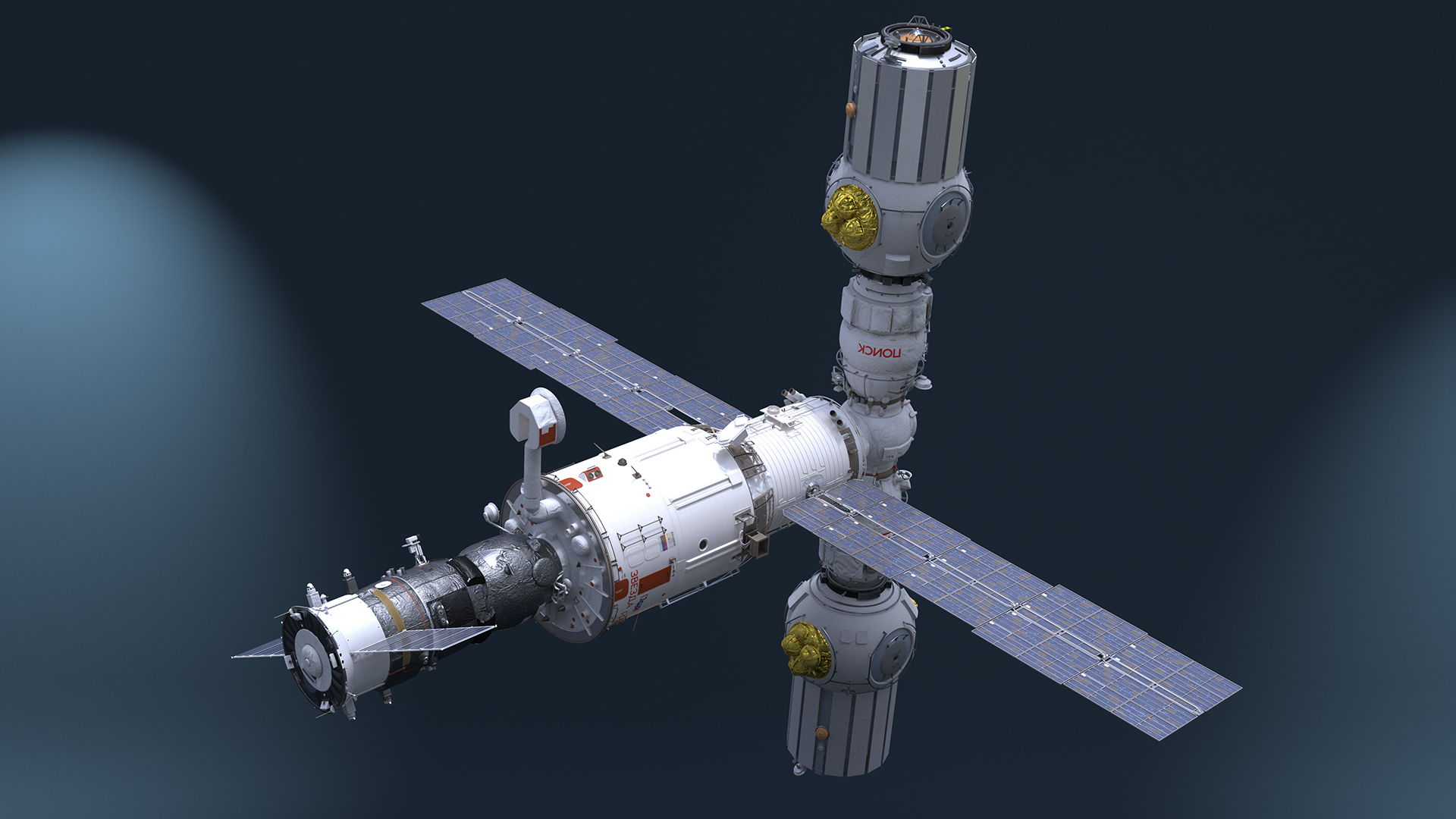 ROS Airlock Module Docked to ISS Station Zvezda 3D