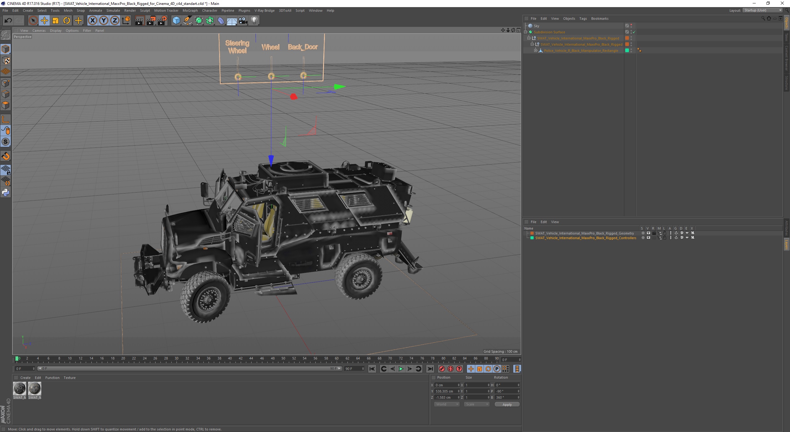 3D SWAT Vehicle International MaxxPro Black Rigged for Cinema 4D