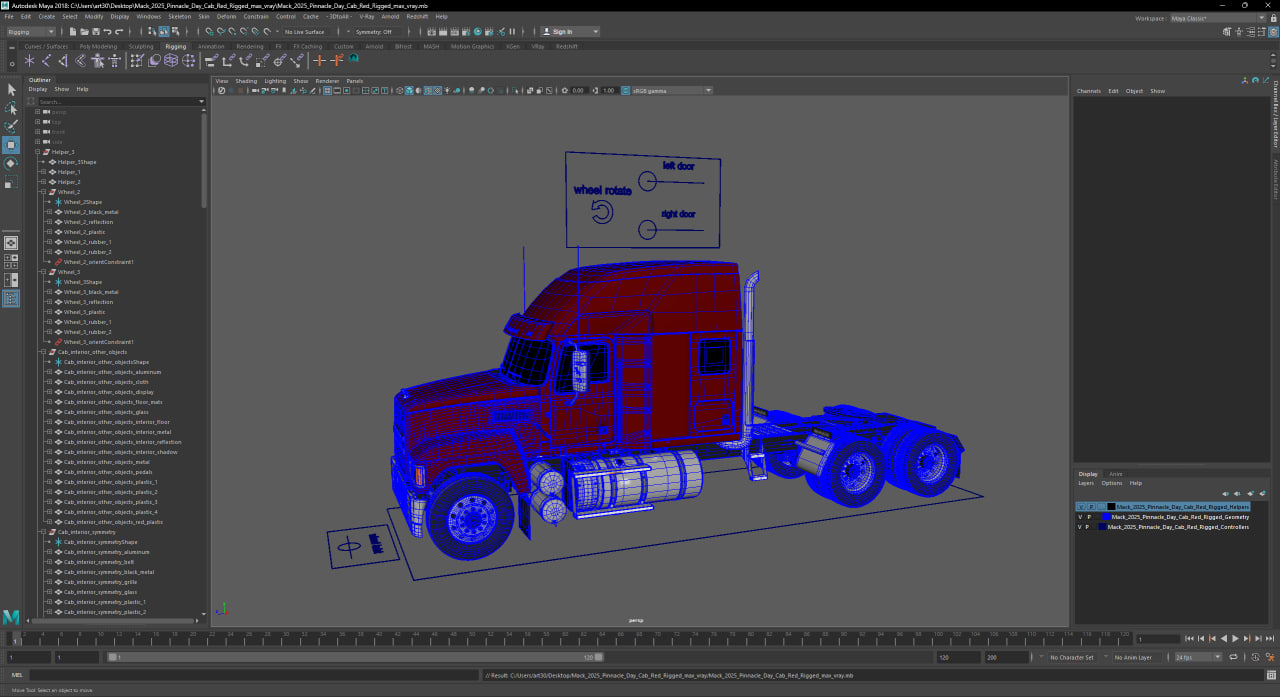 3D Mack 2025 Pinnacle Day Cab Red Rigged for Maya