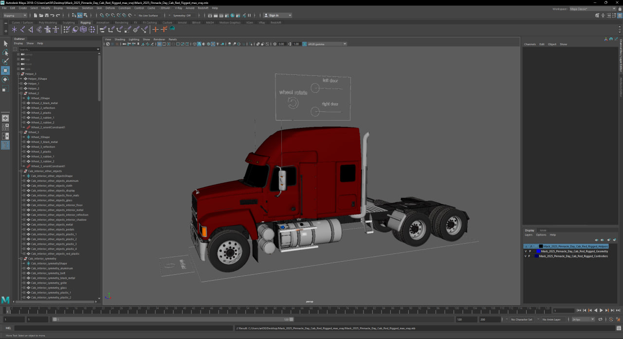 3D Mack 2025 Pinnacle Day Cab Red Rigged for Maya