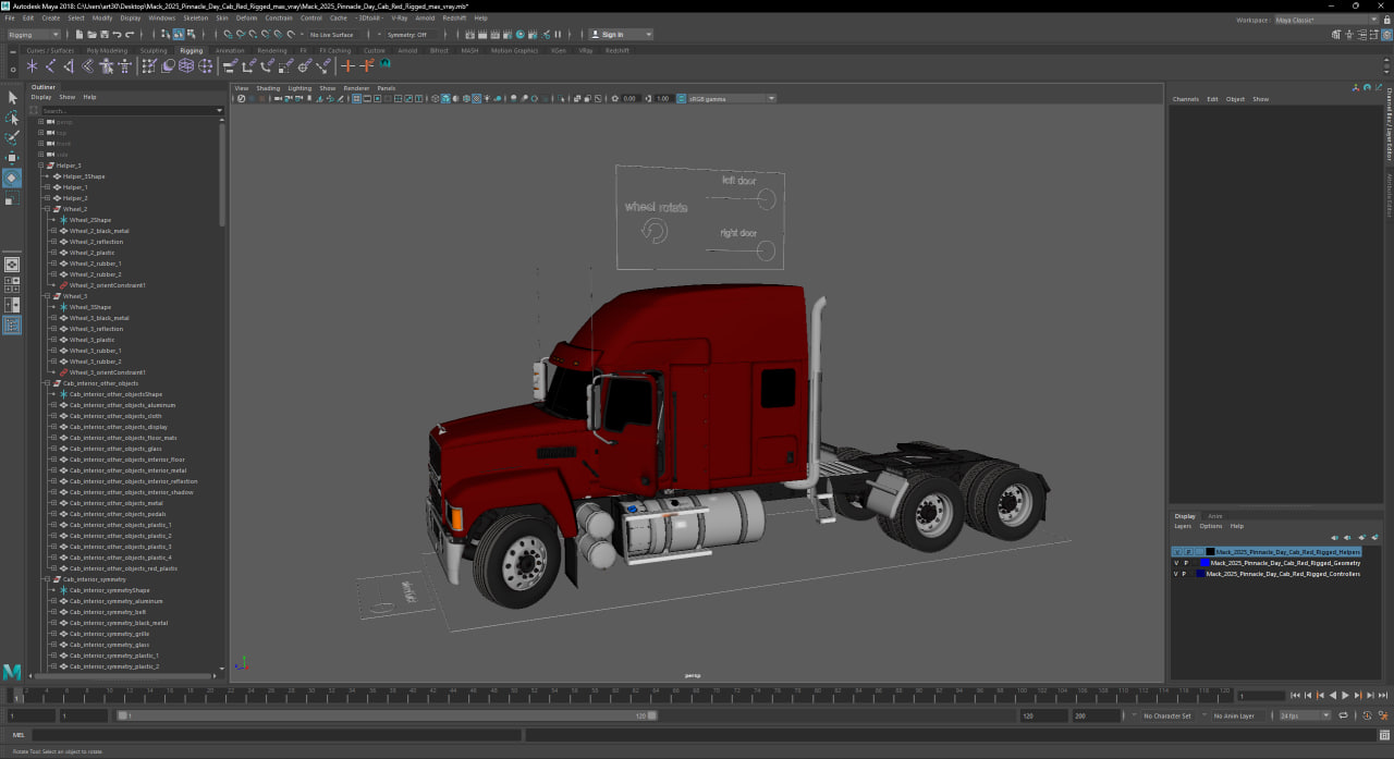 3D Mack 2025 Pinnacle Day Cab Red Rigged for Maya