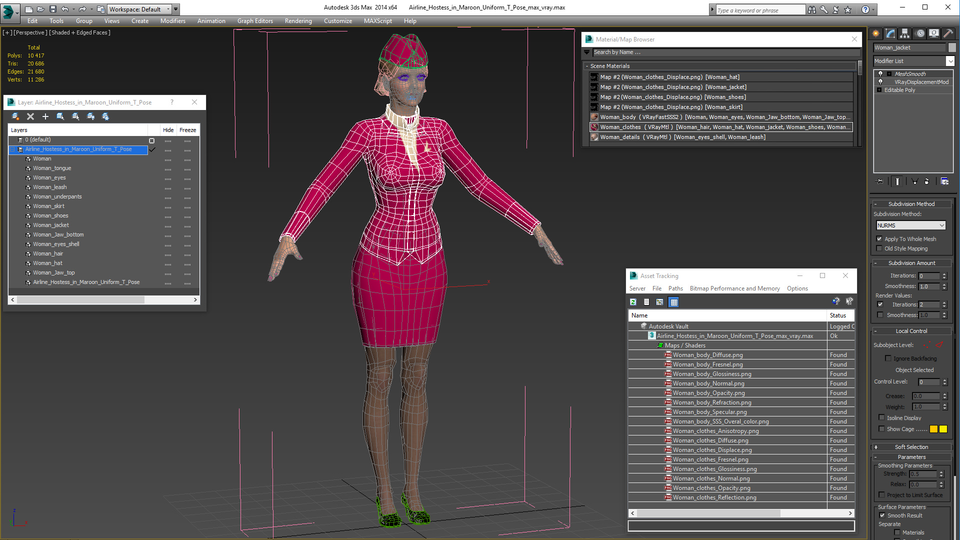 3D model Airline Hostess in Maroon Uniform T Pose