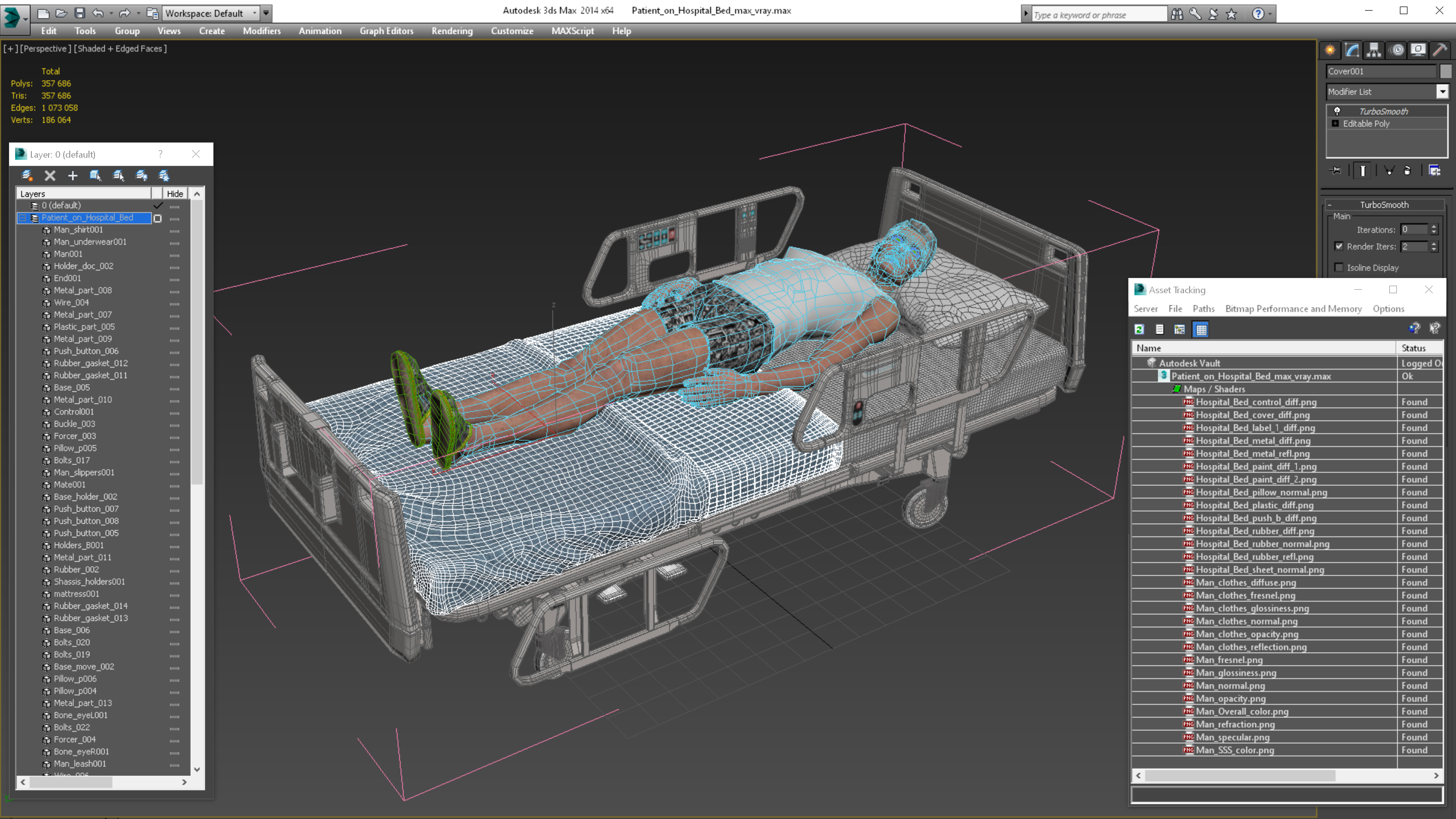 3D model Patient on Hospital Bed Rigged