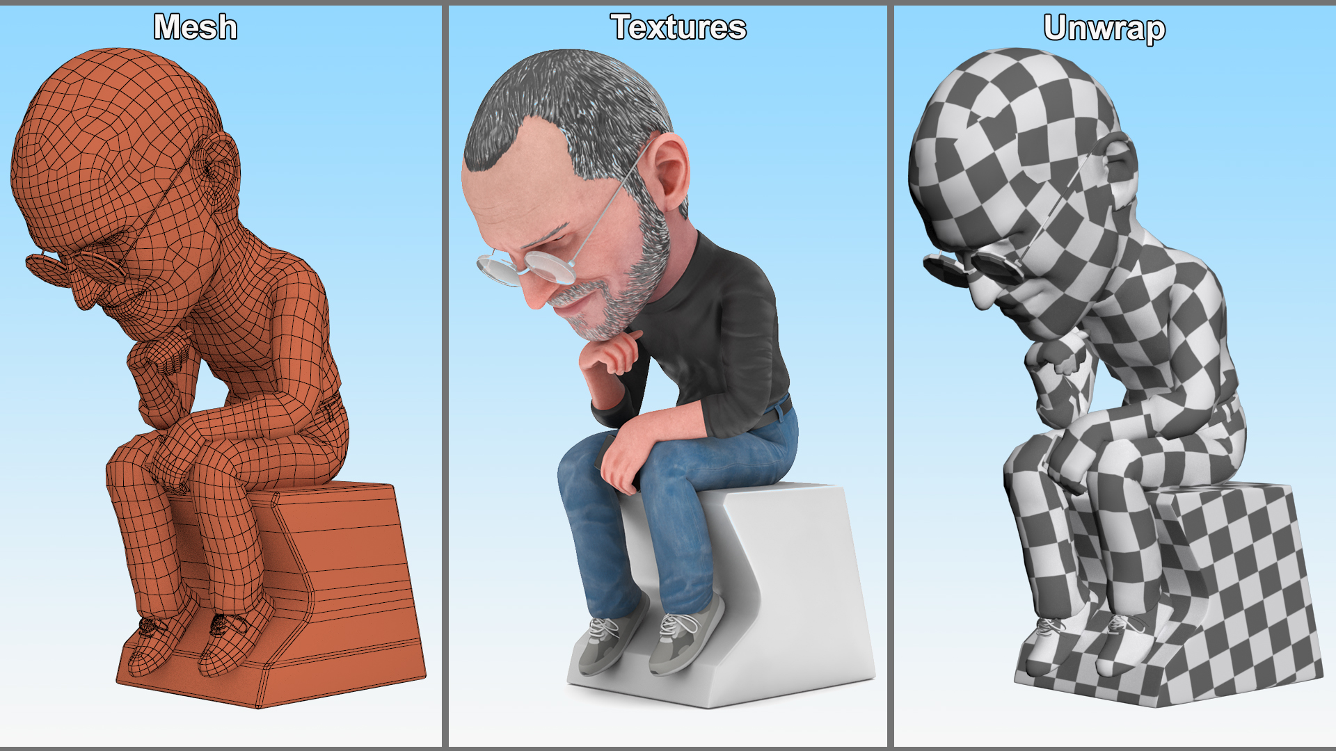 3D model Steve Jobs Action Figure Thinker Pose for 3D Print