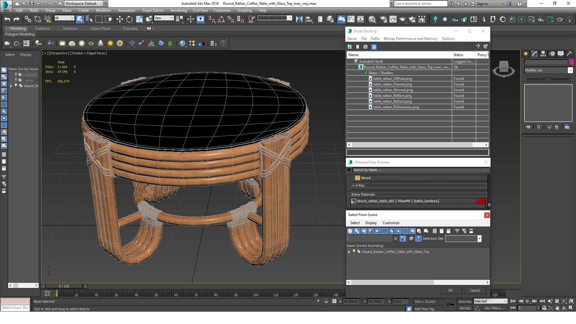 3D model Round Rattan Coffee Table with Glass Top