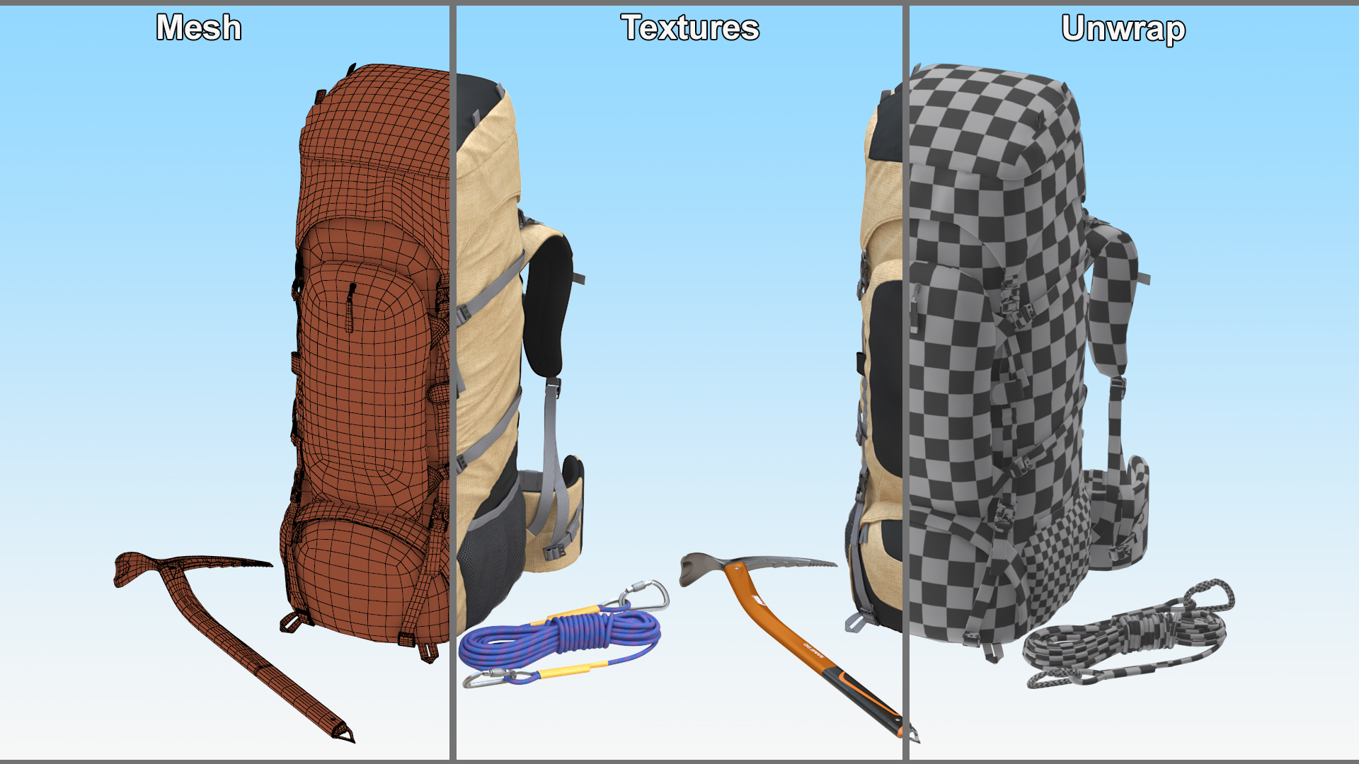 3D Hiking Backpack Rope with Ice Axe model