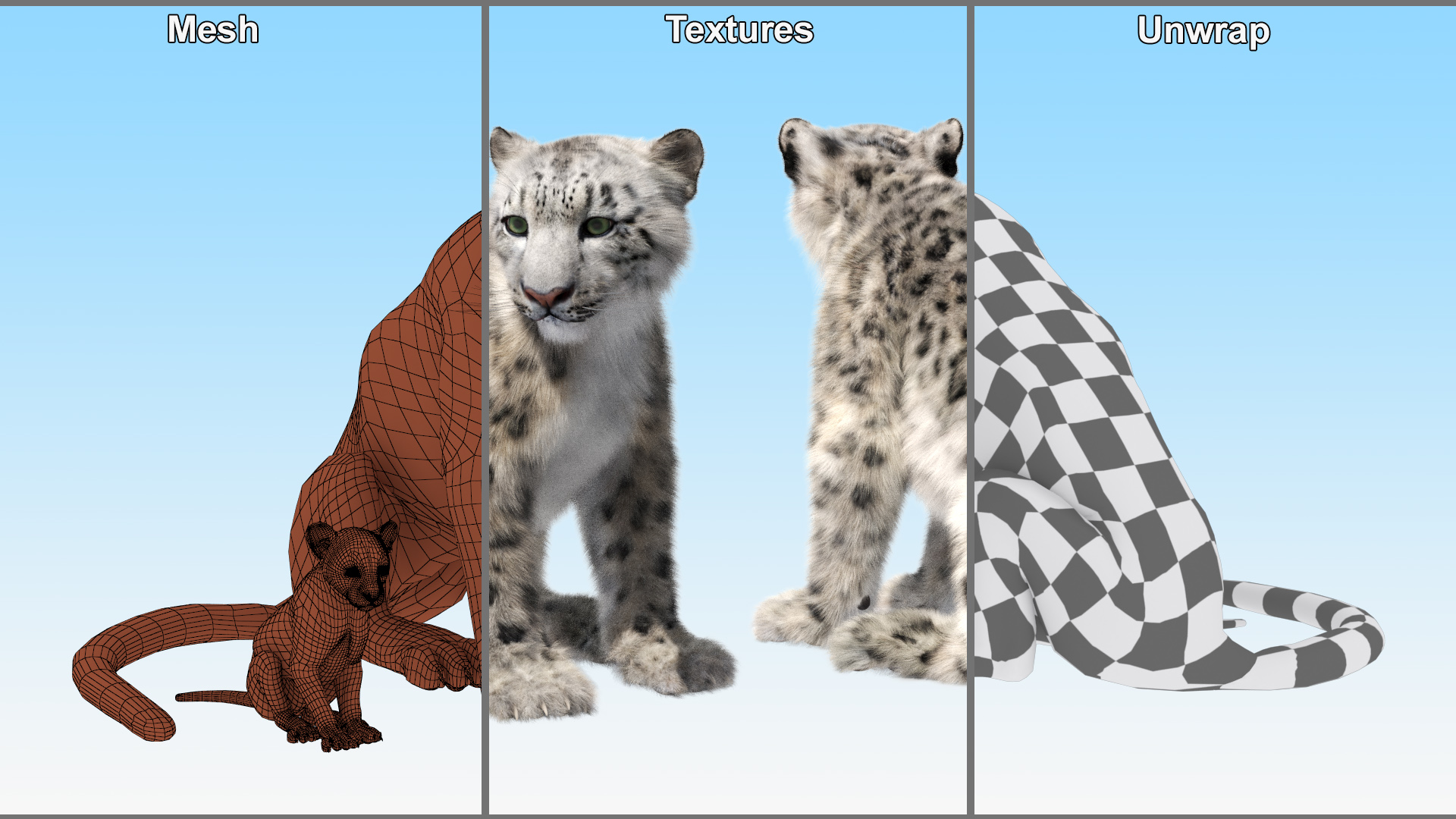 Snow Leopard Mother and Calf Fur 3D