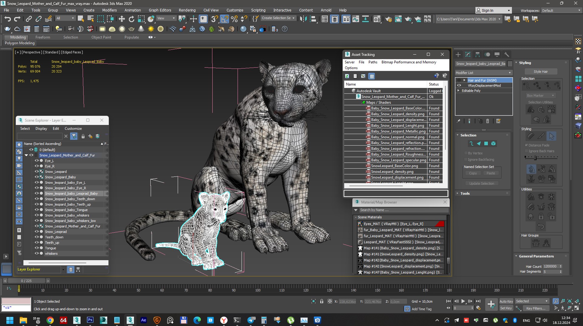 Snow Leopard Mother and Calf Fur 3D