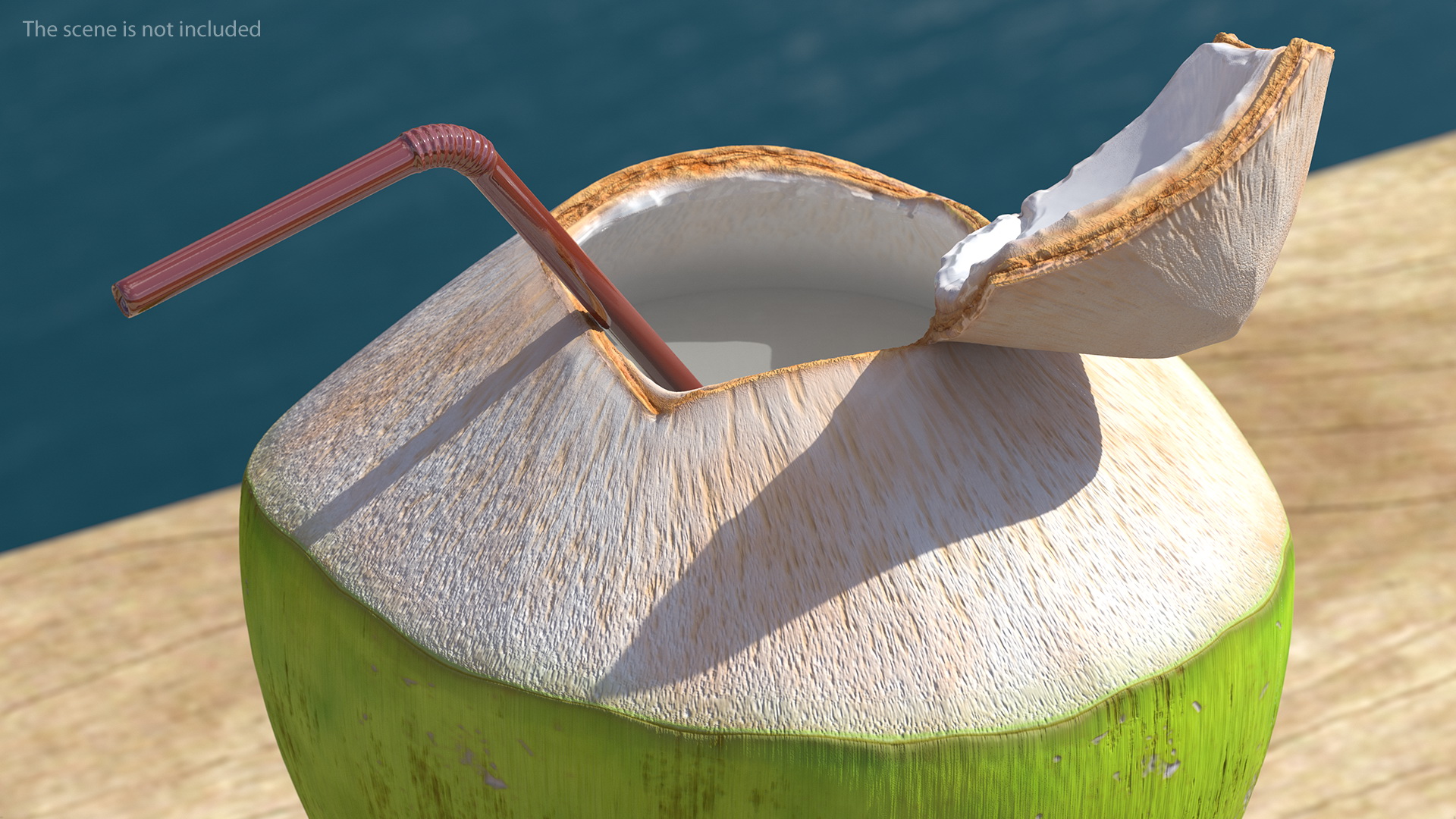 3D Opened Green Coconut with Straw