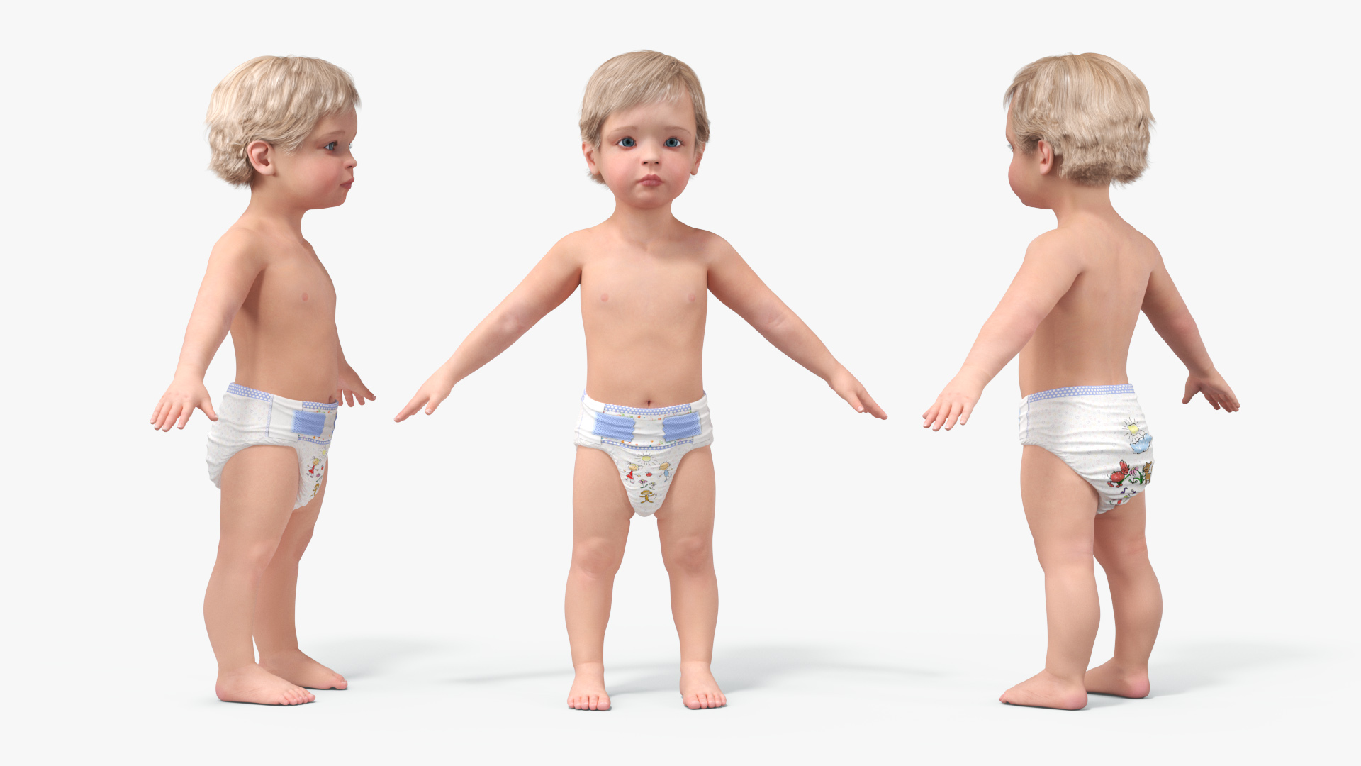 Boy Aged 1 Year in Diaper Rigged 3D