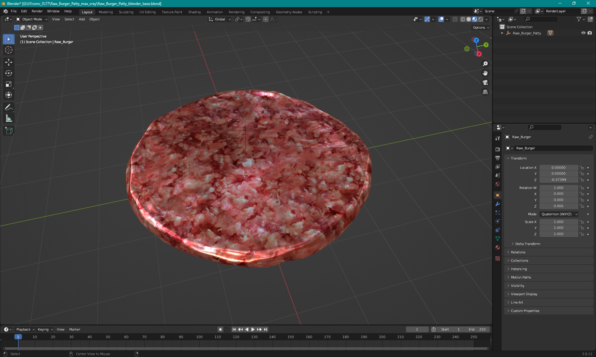 3D Raw Burger Patty