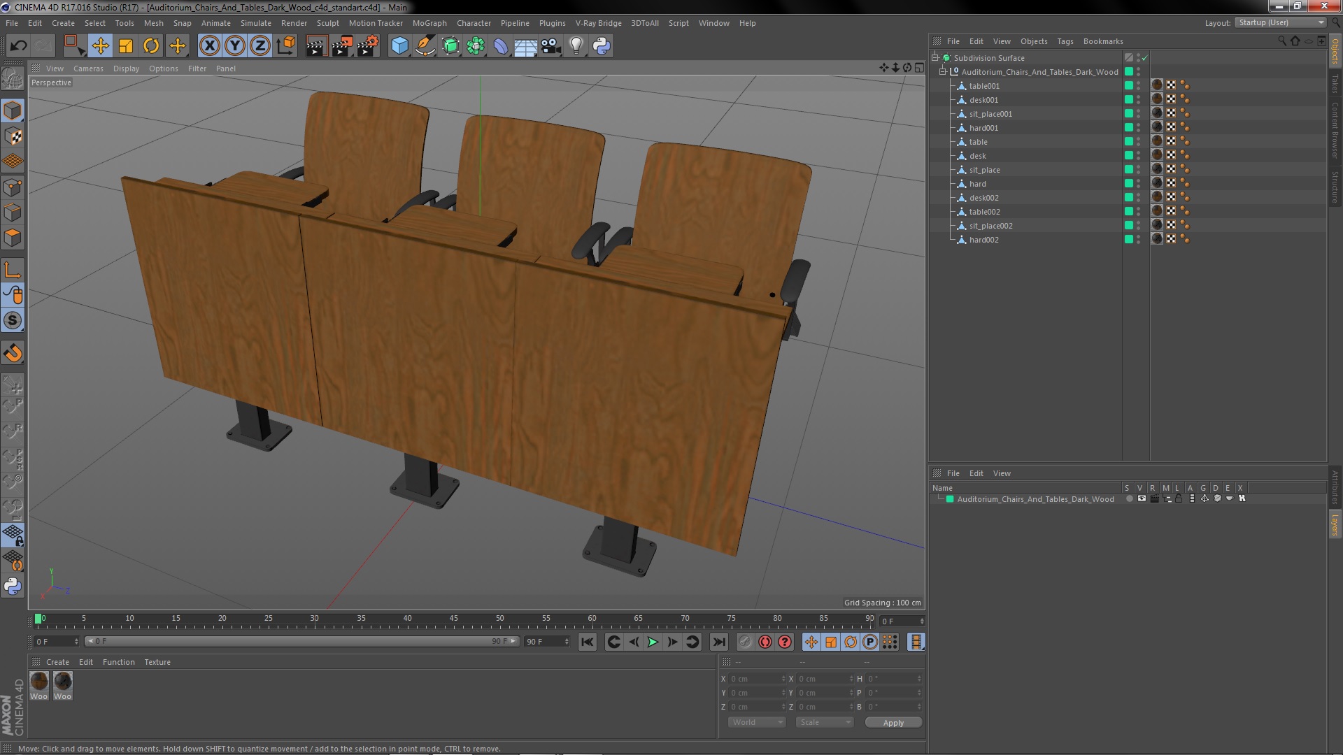 3D Auditorium Chairs And Tables Dark Wood model