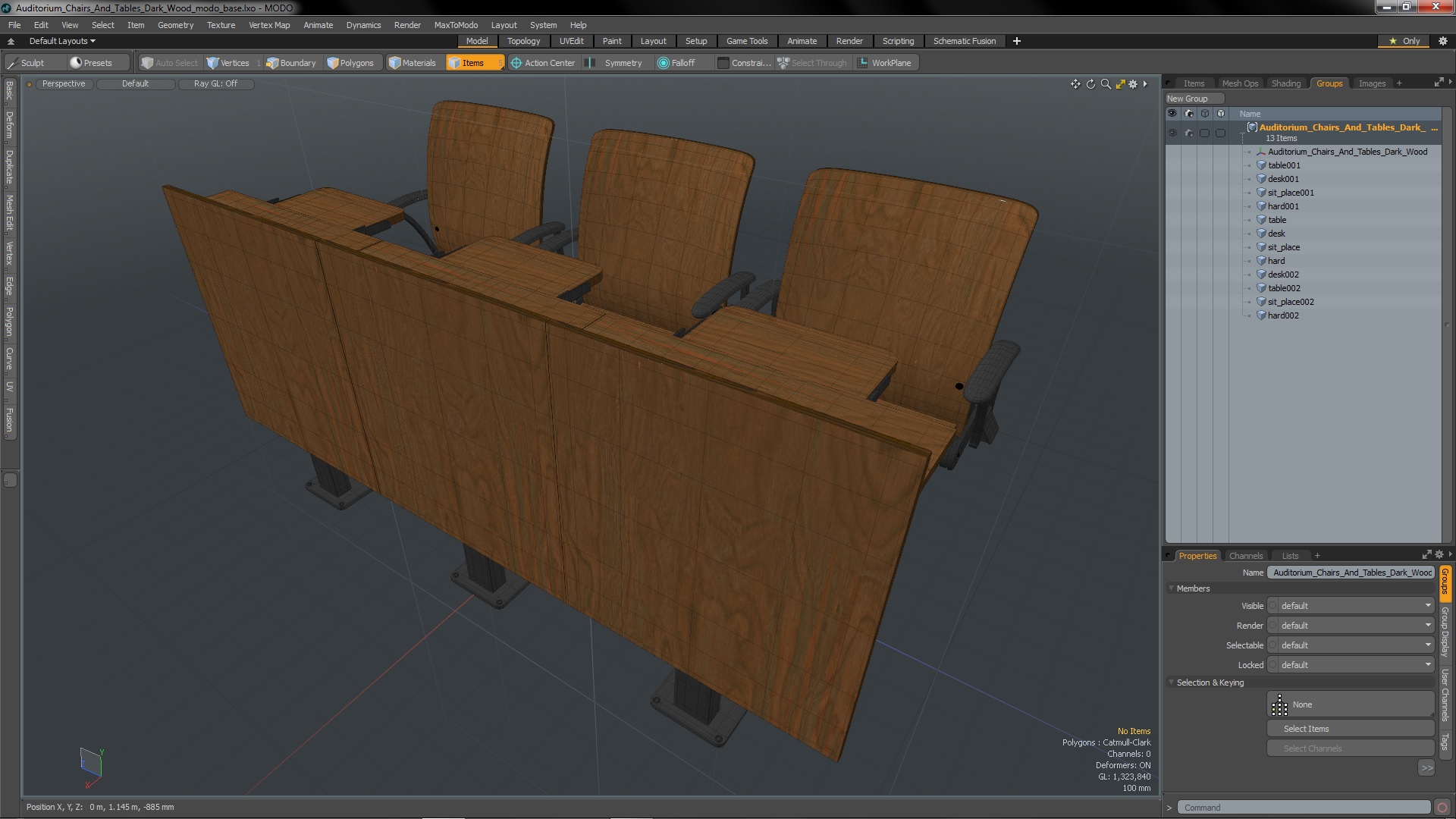 3D Auditorium Chairs And Tables Dark Wood model