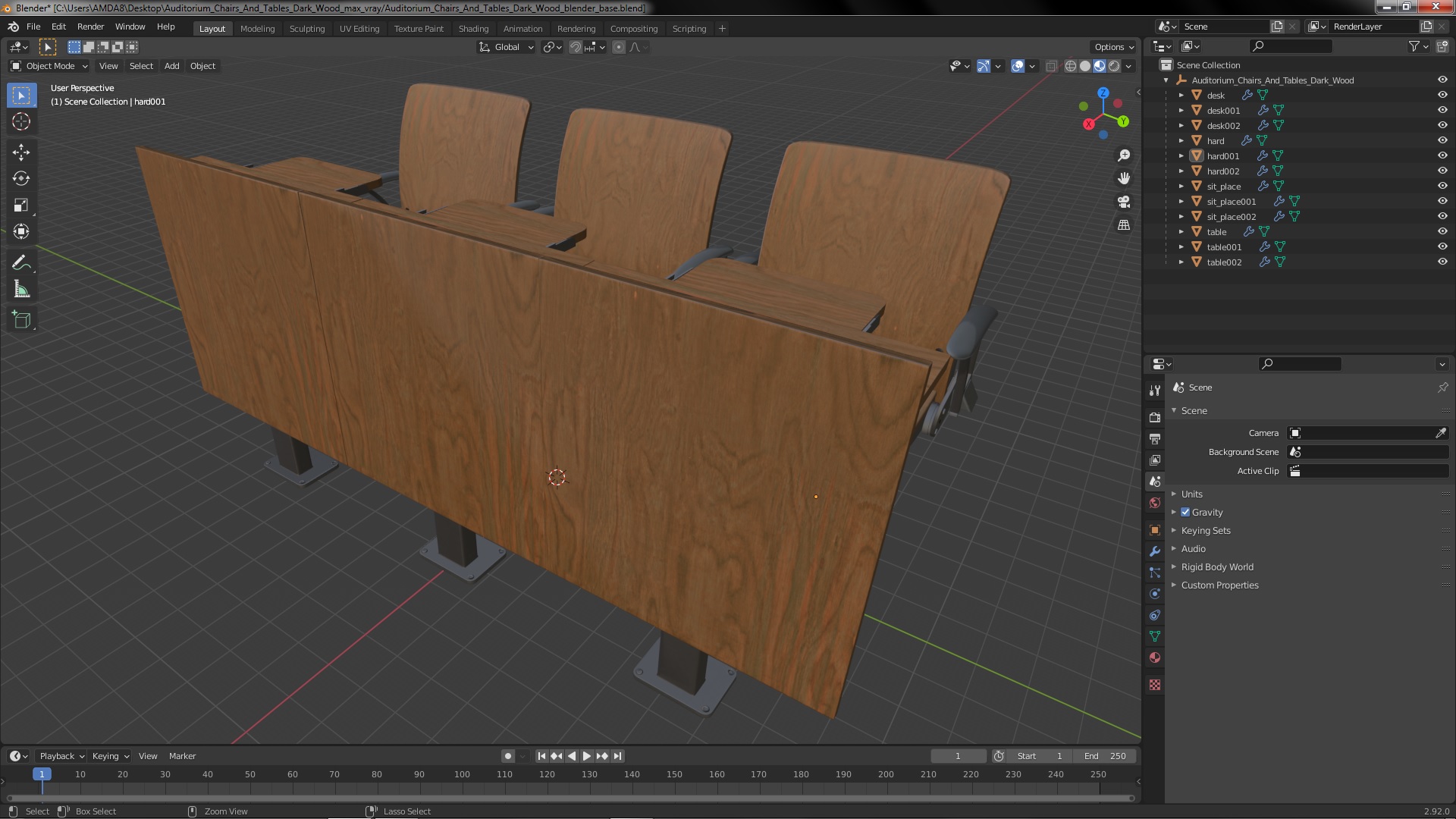 3D Auditorium Chairs And Tables Dark Wood model