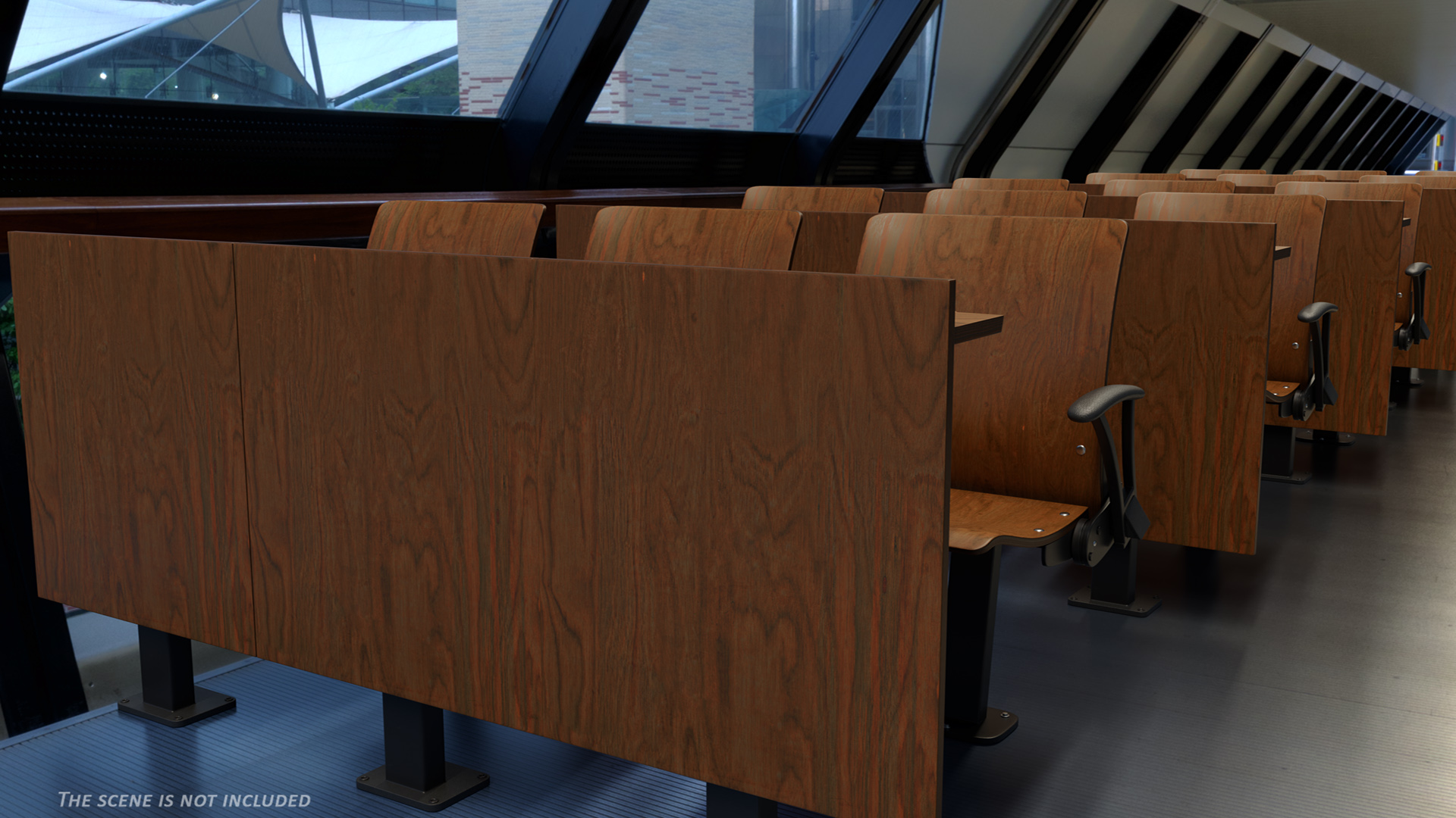 3D Auditorium Chairs And Tables Dark Wood model