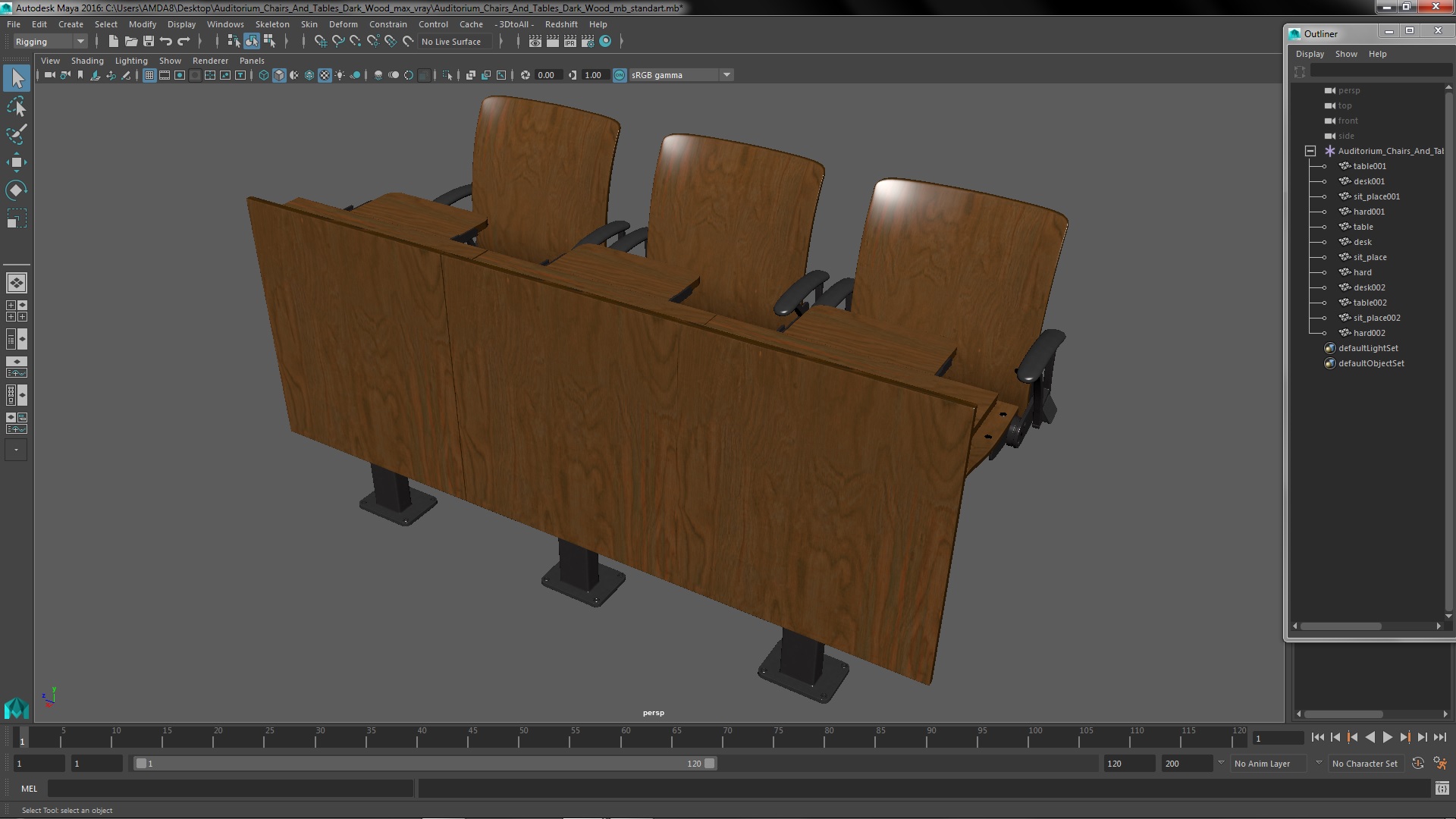 3D Auditorium Chairs And Tables Dark Wood model